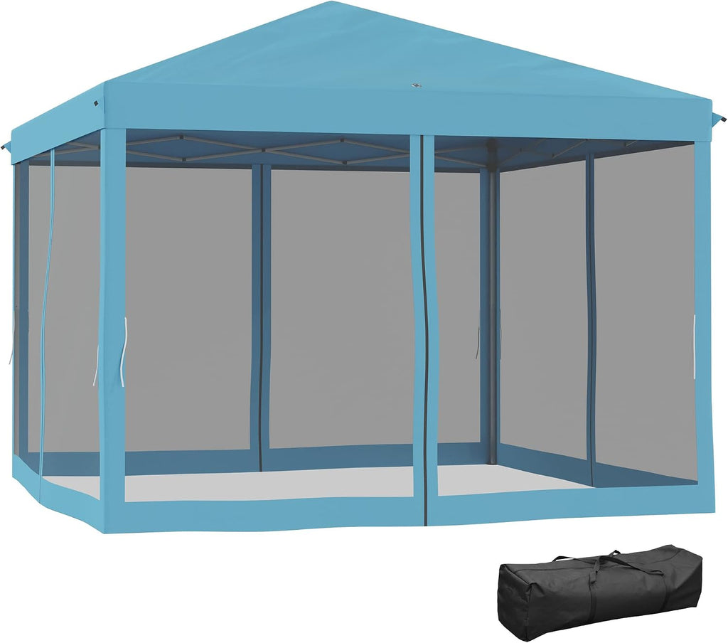 Outsunny 10' x 10' Pop Up Canopy Tent with Netting, Instant Gazebo, Screen House Room with Carry Bag, Height Adjustable, for Outdoor, Garden, Patio, Camping, Light Blue