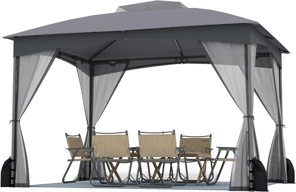 Tangkula 10x12 FT Outdoor Gazebo with Netting, Double Roof Patio Shelter with 4 Sandbags, Zippered Doors, Heavy-Duty Metal Frame, Metal Patio Gazebo for Yard Garden Lawn (Grey)