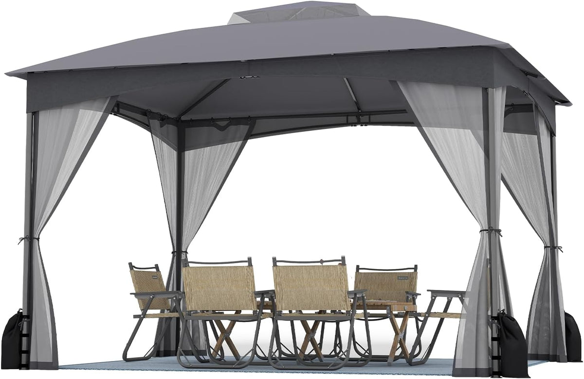Tangkula 10x12 FT Outdoor Gazebo with Netting, Double Roof Patio Shelter with 4 Sandbags, Zippered Doors, Heavy-Duty Metal Frame, Metal Patio Gazebo for Yard Garden Lawn (Grey)