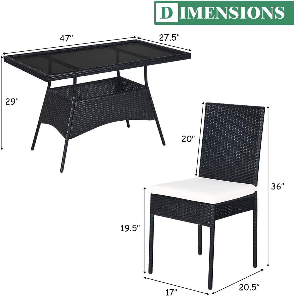 Tangkula 5 Piece Wicker Patio Dining Set, Outdoor Rattan Table & Chairs Set with Tempered Glass Top & Padded Cushions, Patio Furniture Dining Table Set for Balcony Patio Garden Poolside