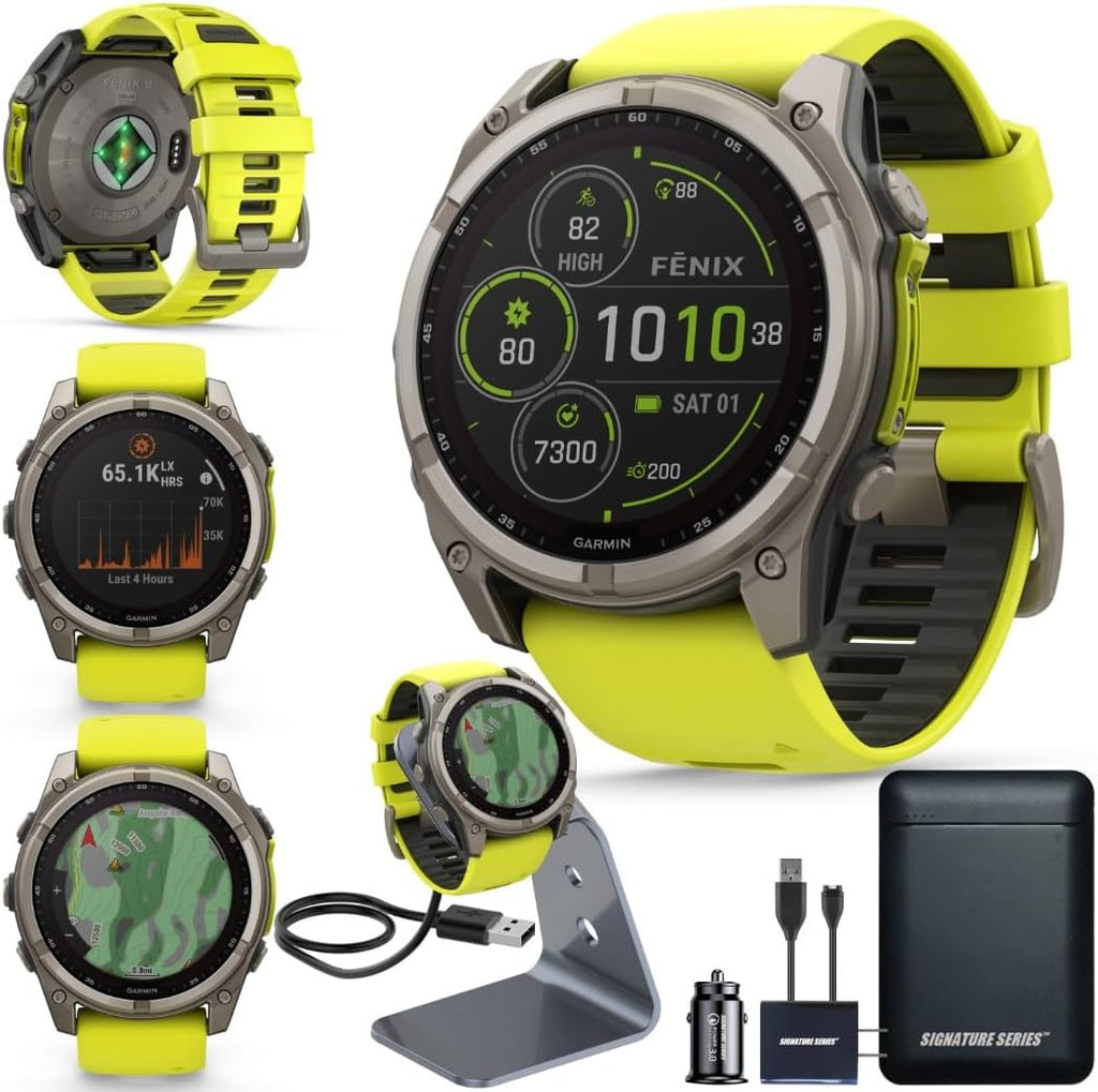 Garmin Fenix 8 Premium Multisport GPS Running Smartwatch, 51 mm, Sapphire, Solar, Built-in Flashlight, Titanium with Amp Yellow/Graphite Band with Signature Series Charging Stand