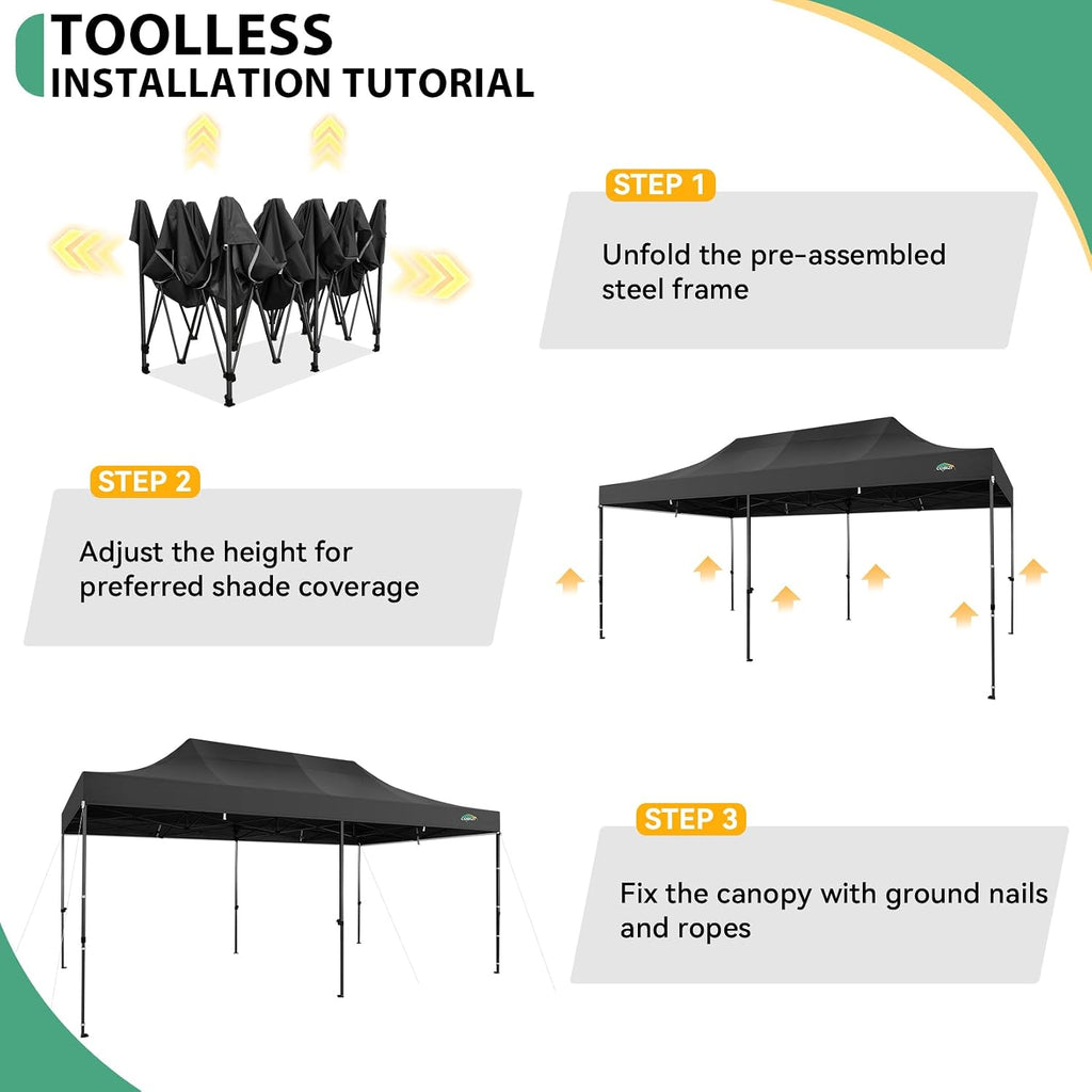 COBIZI 10x20 Heavy Duty Pop Up Canopy Tent with 6 Sidewalls Thicken Frame, Commercial Easy Up Outdoor Wedding Party Tents, All Season Waterproof Windproof with Stakes Sandbags Ropes Roller Bag, Black