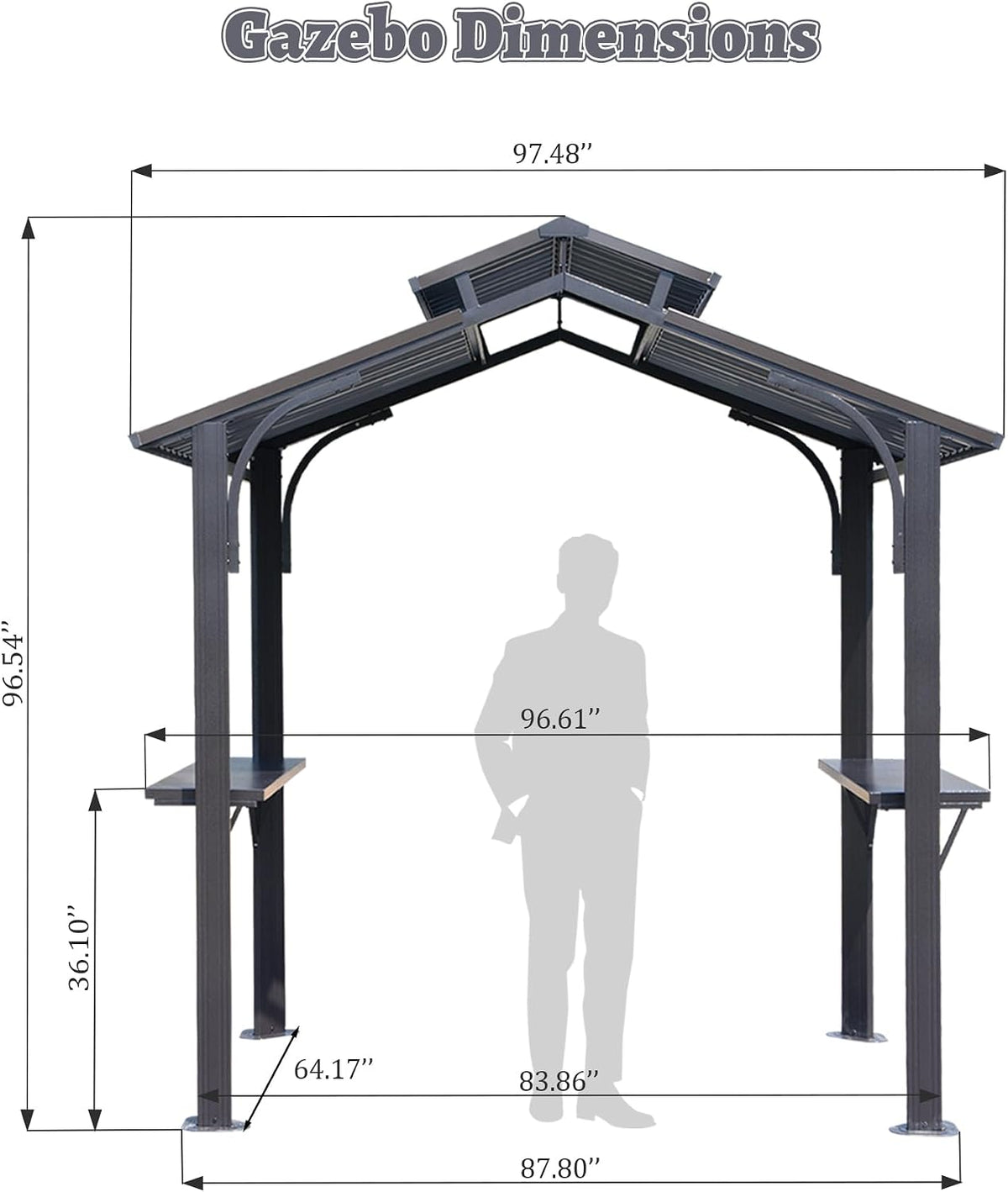 8x5FT Hardtop Grill Gazebo, All-Weather Outdoor Gazebo with 2 Side Shelves and Ceiling Hook, Galvanized Steel Double Roof, Outdoor Metal Grill Canopy for Patio, Backyard, Lawn, Deck – Grey