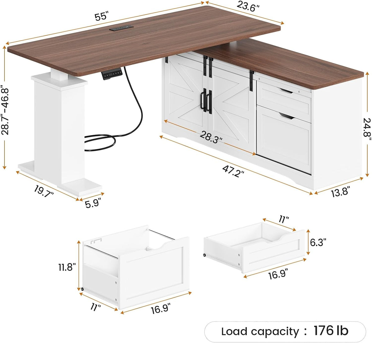 SEDETA Farmhouse L Shaped Standing Desk, 55 inch Height Adjustable Corner Desk with Storage Drawers, Standing Computer Desks with Power Outlets for Home Office, White