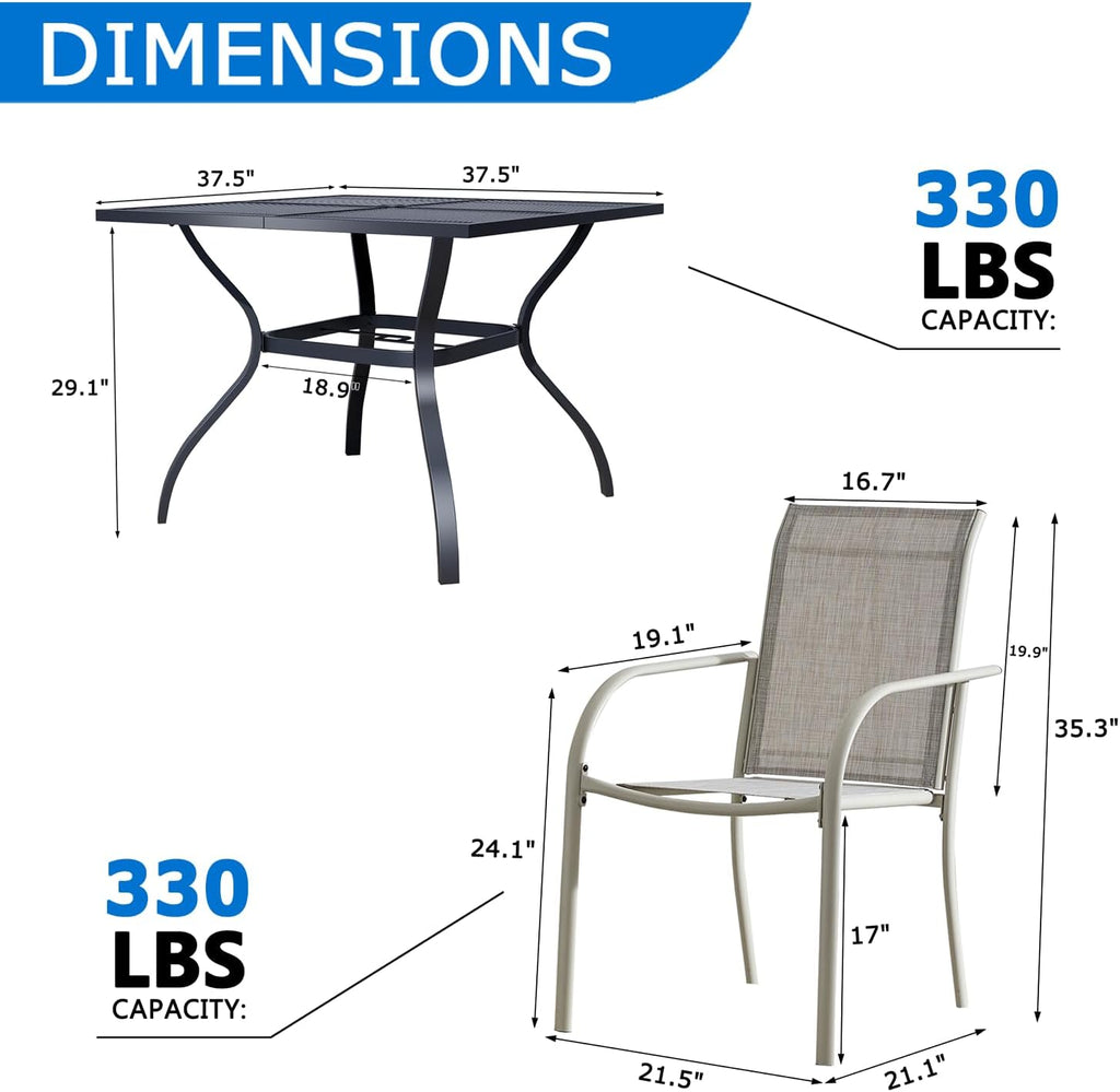 5-Piece Outdoor Dining Set, Square Metal Table with Grey Chairs, Black Patio Table with Umbrella Hole for Garden, Yard, Patio