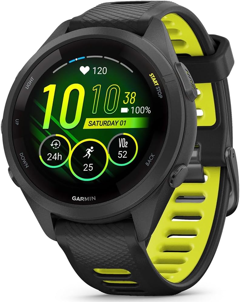 Garmin 010-02810-03 Forerunner 265S GPS Smartwatch Black/Amp Yellow Bundle with Deco Essentials Charging Dock, Silicone Dust Cover 3 Pack and USB Type C Charging Cable