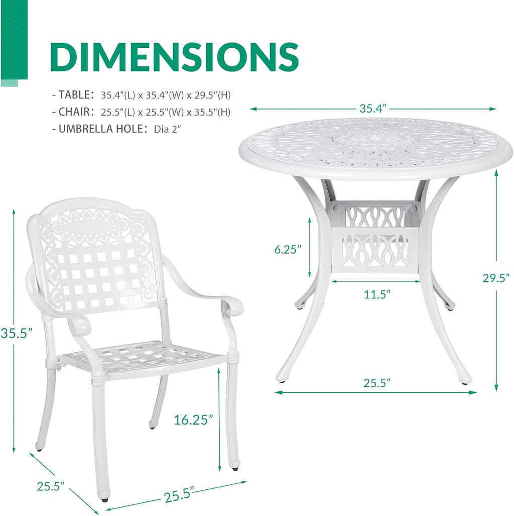 VIVIJASON 5-Piece Outdoor Patio Furniture Dining Set, All-Weather Cast Aluminum Conversation Set, Include 4 Chairs and 38.5' Round Table w/Umbrella Hole for Balcony, Lawn, Garden, Backyard, White