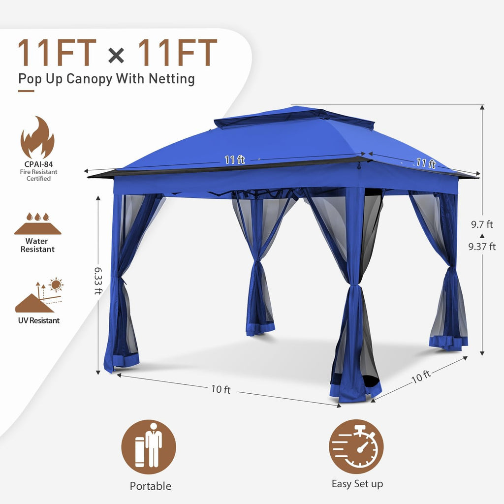 COOS BAY 11x11 Pop Up Gazebo with Mesh Netting, Instant Outdoor Canopy Tent, Water Resistant Shelter with UPF 50+ UV Protection, 121 Sq Ft Coverage, Blue