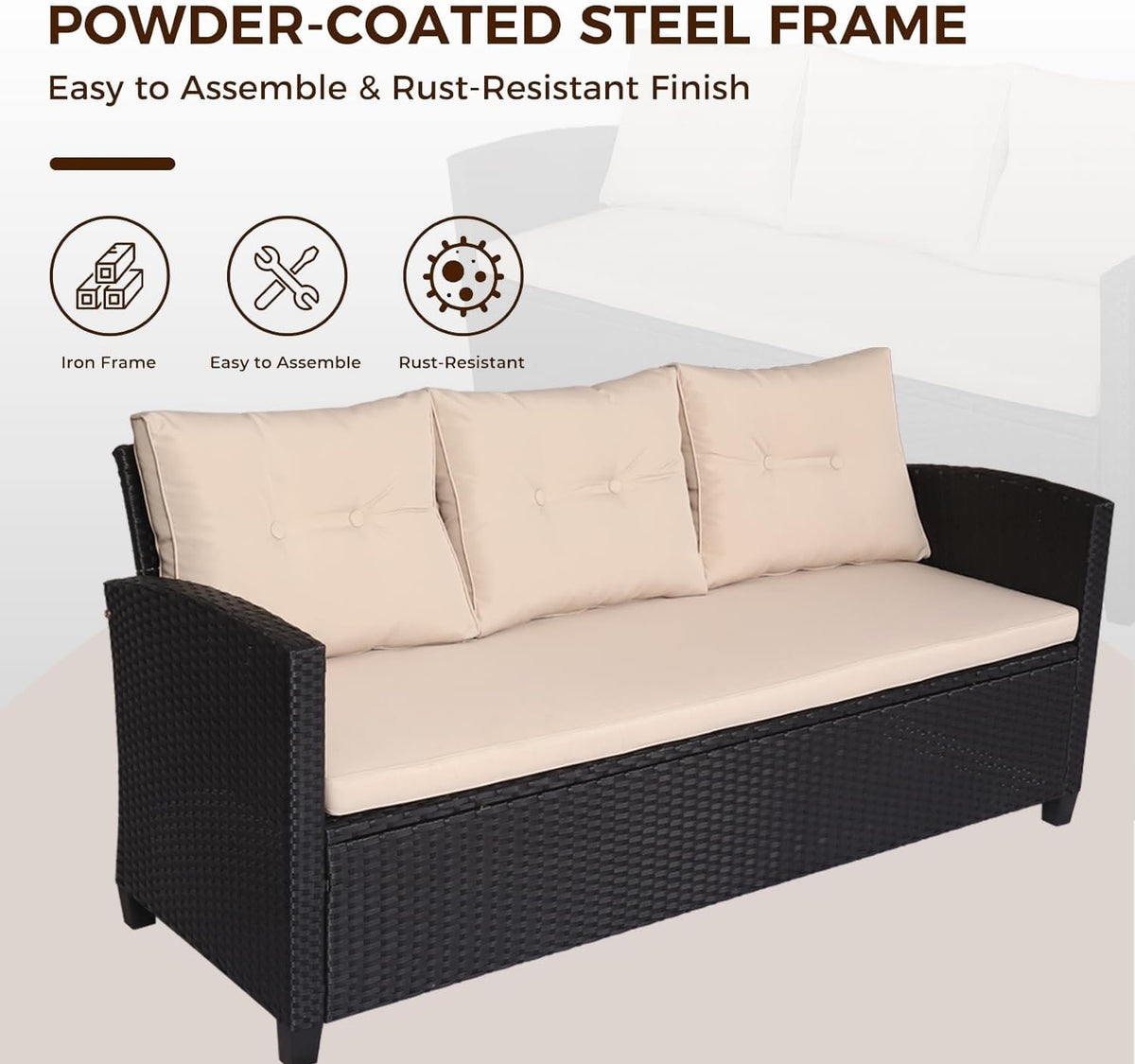 Suntone Outdoor Wicker Patio Furniture Sets, Patio Conversation Set - 3 Piece Patio Sectional Sofa Set, Coffee Table, Black/Beige