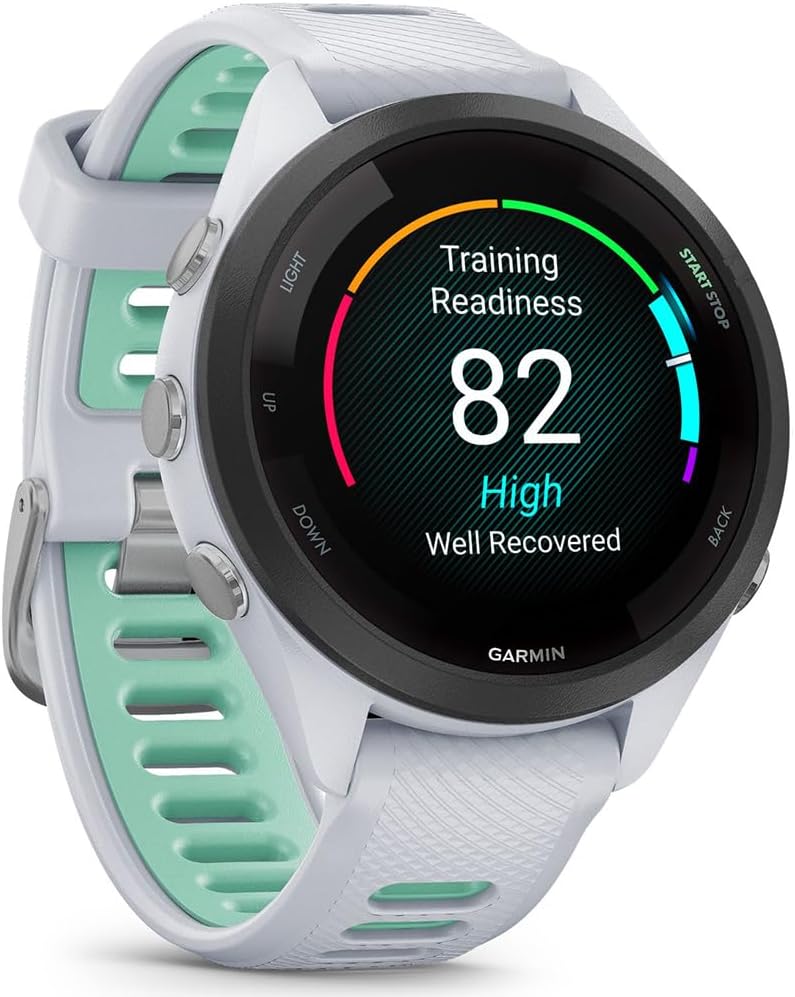 Garmin 010-02810-04 Forerunner 265S GPS Smartwatch Whitestone/Neo Tropic Bundle with Deco Essentials Charging Dock, Silicone Dust Cover 3 Pack and USB Type C Charging Cable