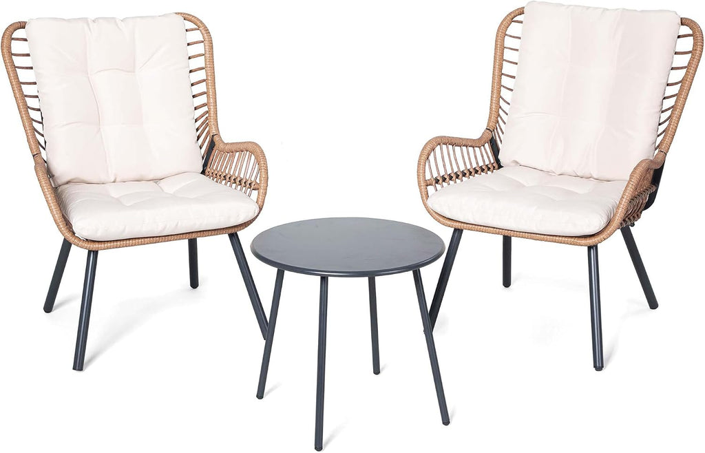 LAUSAINT HOME 3 Piece Outdoor Bistro Set, Small Patio Furniture Set with Coffee Table and Thick Cushions, Front Porch Furniture for Lawn, Garden, Balcony, Poolside, White
