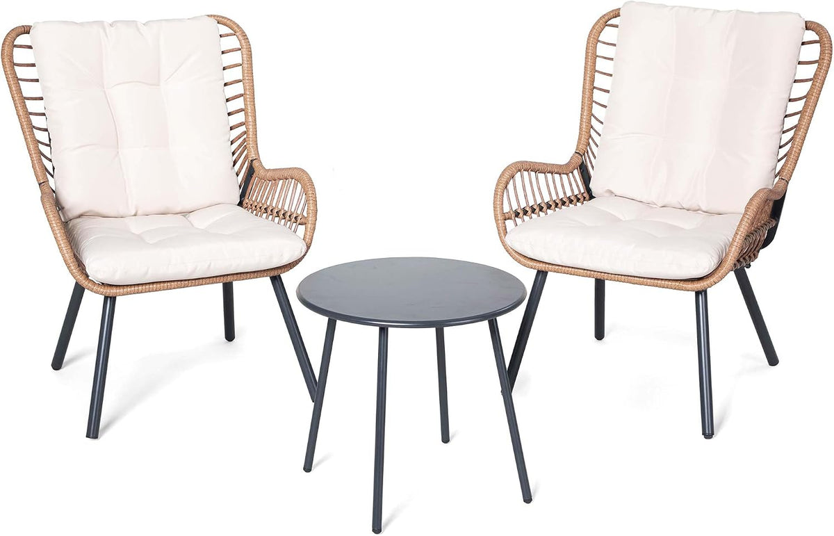 LAUSAINT HOME 3 Piece Outdoor Bistro Set, Small Patio Furniture Set with Coffee Table and Thick Cushions, Front Porch Furniture for Lawn, Garden, Balcony, Poolside, White