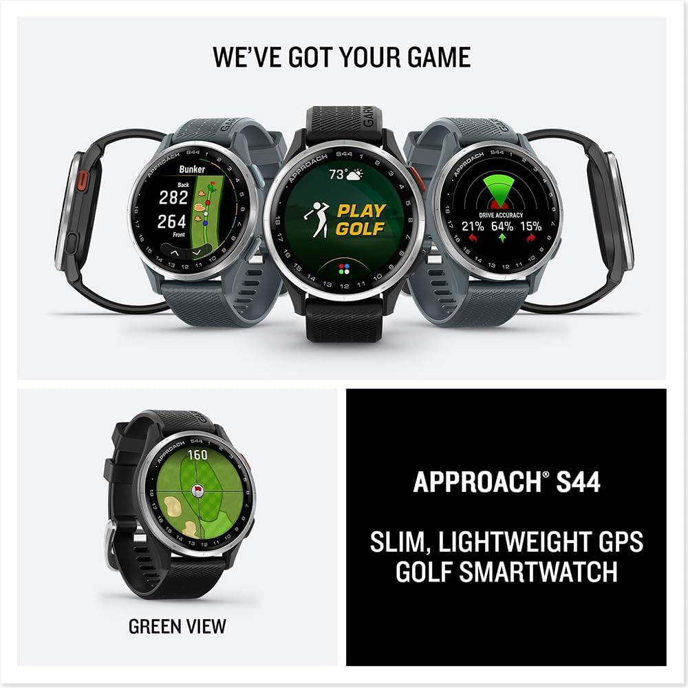Garmin 010-03009-00 Approach S44 GPS Golf Smartwatch, Silver Aluminum Bezel with Black Silicone Band Bundle with Deco Essentials Exclusive 26 Month CPS Enhanced Protection Pack