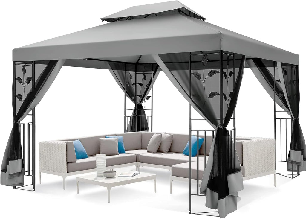 COBIZI Gazebo 10x13 Heavy Duty Gazebo with Improved Nettings Outdoor Double Roof Patio with Metal Steel Frame Outdoor Canopy Tent for Patio, Deck, Backyard (Gray, Nettings)