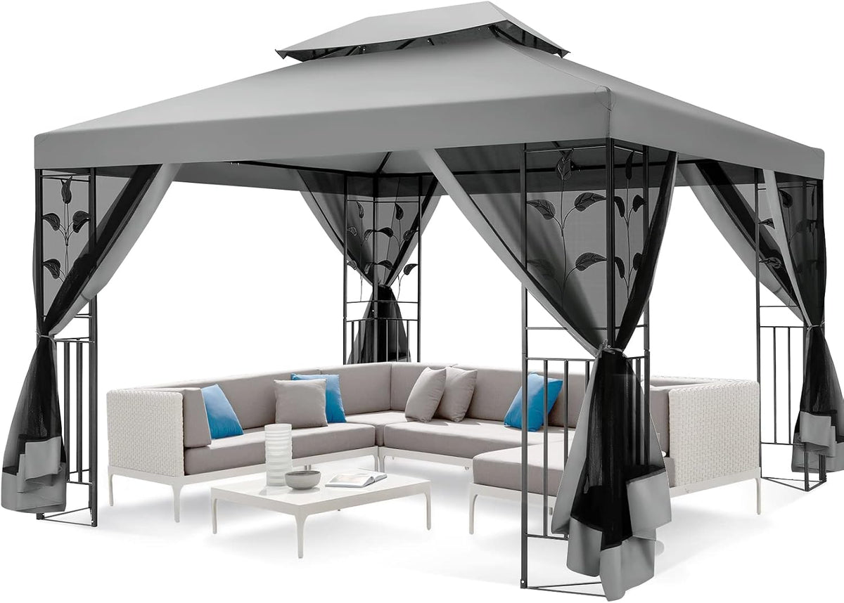 COBIZI Gazebo 10x13 Heavy Duty Gazebo with Improved Nettings Outdoor Double Roof Patio with Metal Steel Frame Outdoor Canopy Tent for Patio, Deck, Backyard (Gray, Nettings)