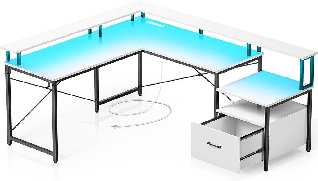 Rolanstar Computer Desk with File Drawer, 64' L Shaped Desk with Power Outlet & LED Strip, L Shaped Computer Corner Desk with File Cabinet, Gaming Desk with Monitor Shelf, Home Office Desk, White