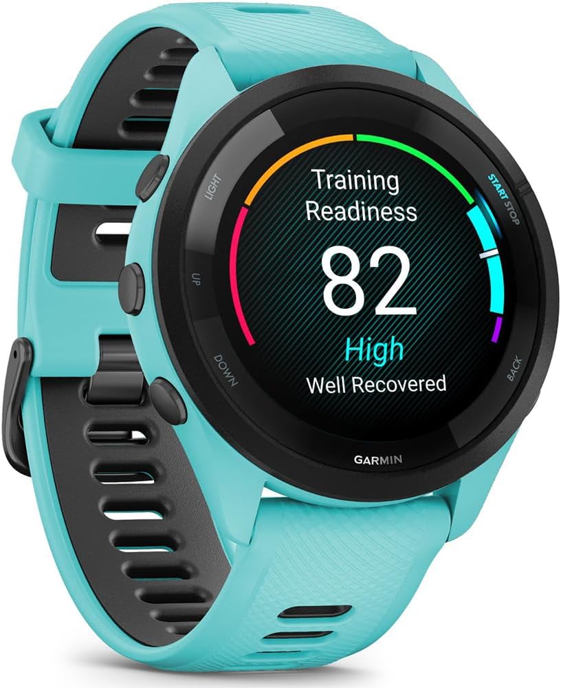 Garmin 010-02810-02 Forerunner 265 GPS Smartwatch Aqua/Black | Official USA Partner Model | Bundle with Deco Essentials Exclusive CPS 26 Month Protection Pack