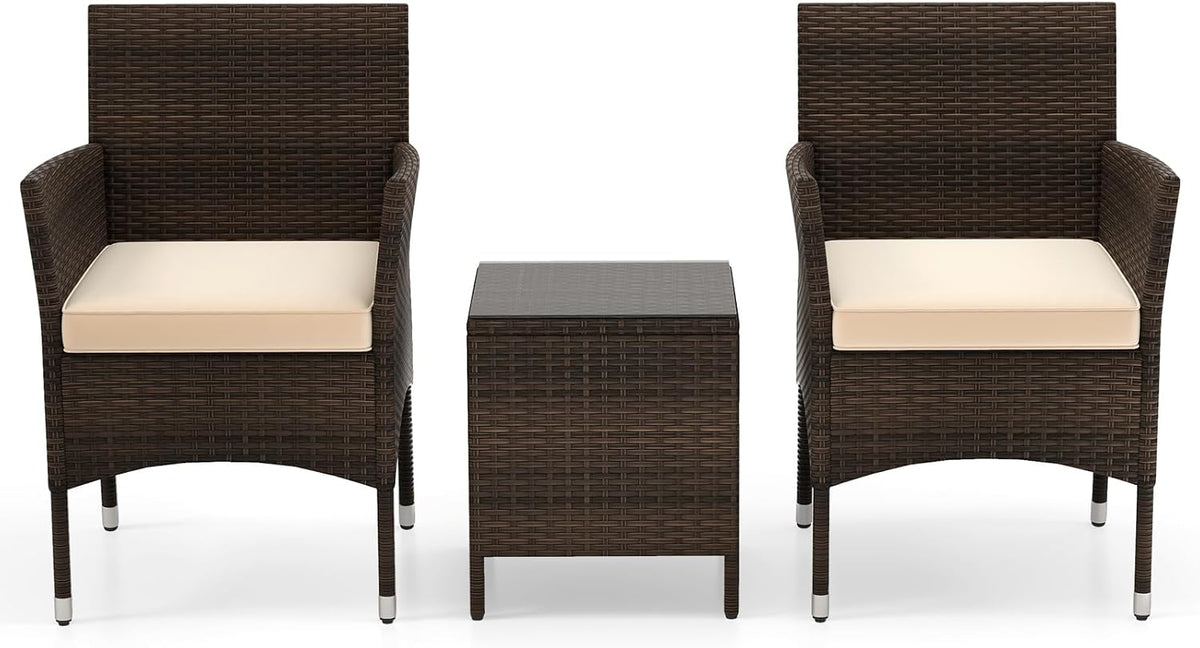 KOTEK 3 Piece Patio Furniture Set, Outdoor Wicker Patio Chairs with Soft Cushions & Tempered Glass Top Table, PE Rattan Bistro Set for Porch, Garden, Balcony (Beige)