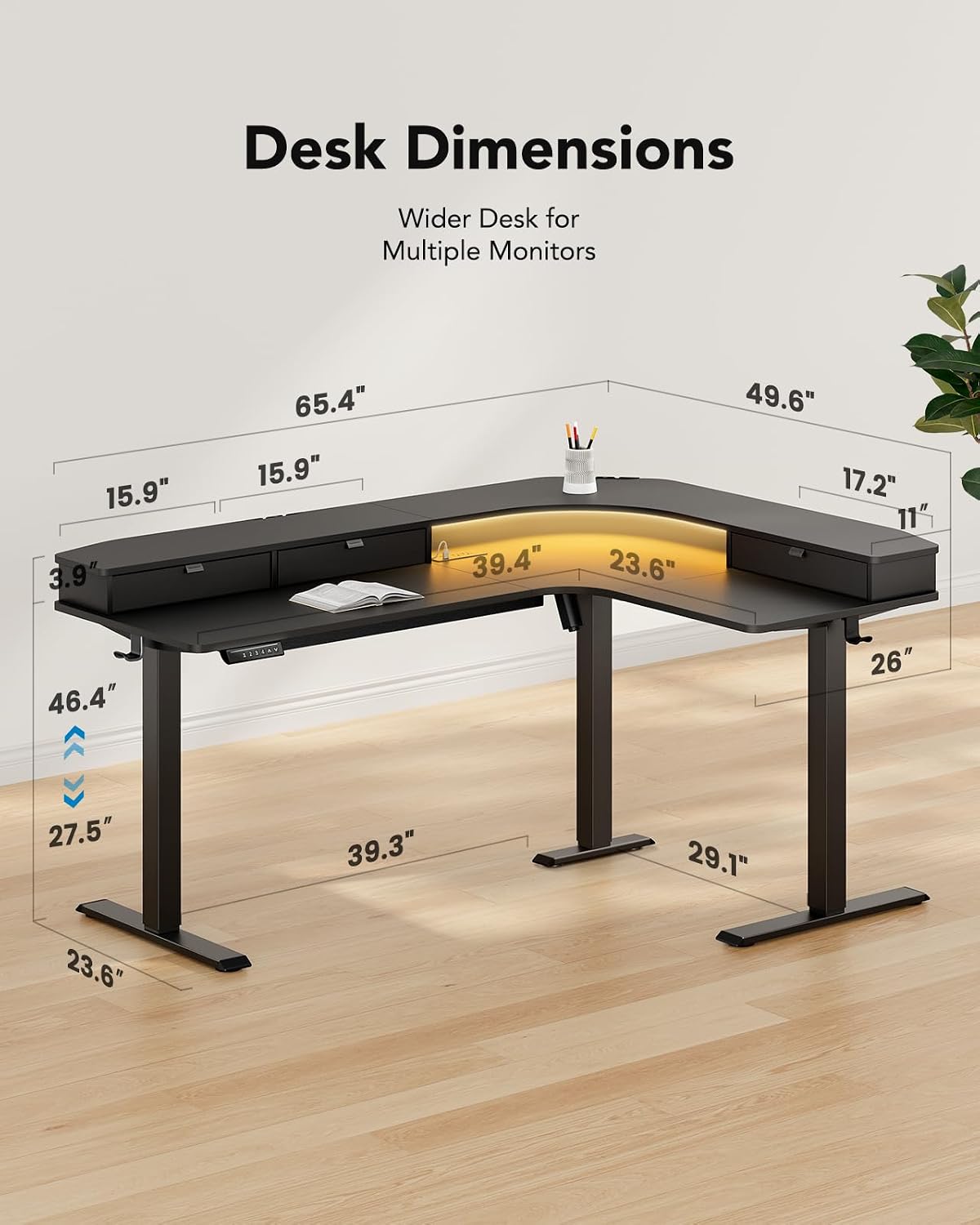 HUANUO 65″ L-Shaped Standing Desk with Power Outlets & LED Strip, Electric Height Adjustable Corner Computer Desk, Sit Stand Up Desk with 3 Drawers, Black
