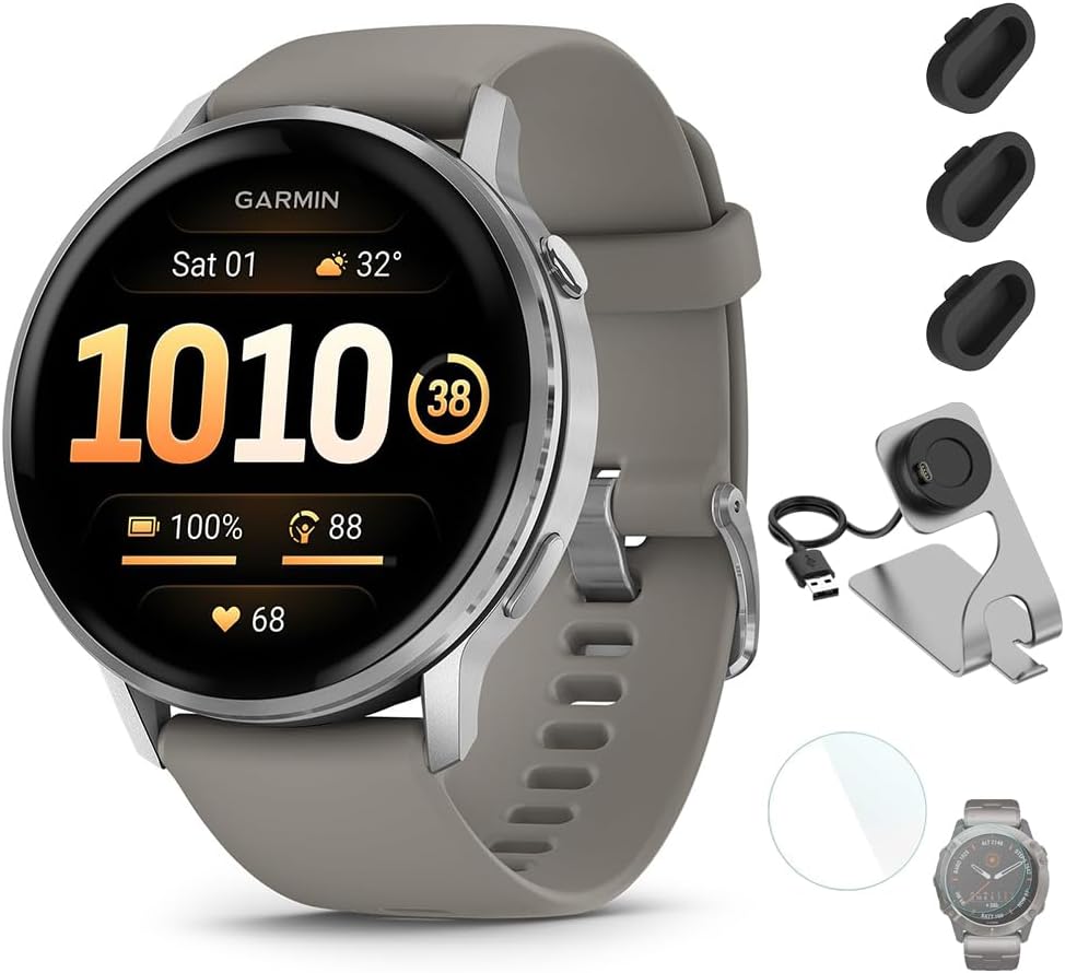 Garmin Venu 4 (45mm) Smartwatch GPS, AMOLED, Sleep Coach, Body Battery - Silver with Silver Gray Band Bundle with Deco Essentials Charging Dock, 3-Pack Dust Covers & 1.4' Screen Protector