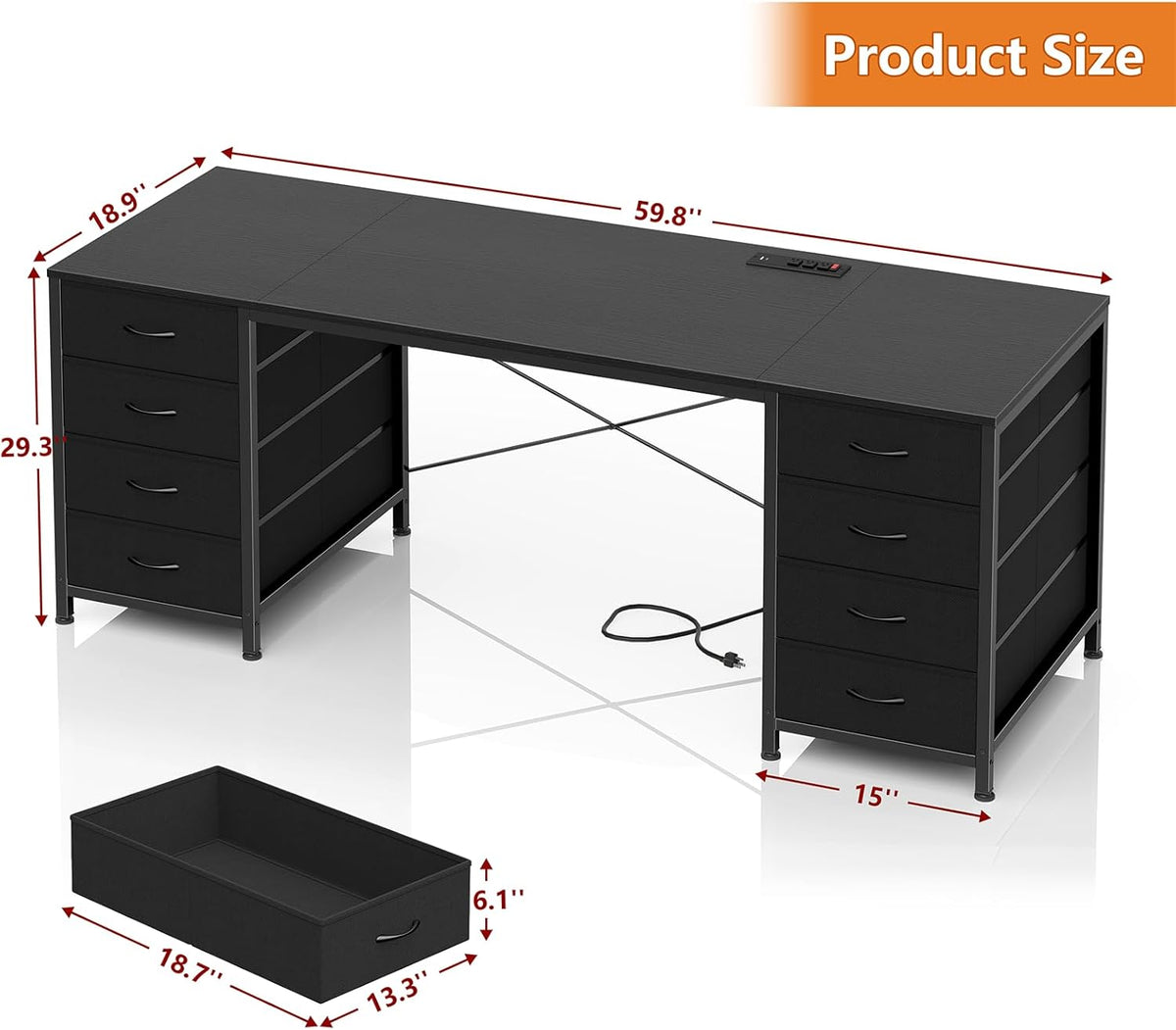 YOMILUVE 60 Inch Computer Desk with 8 Drawers, Home Office Desk with Power Outlets, Work Study Gaming Desk with 8 Fabric Drawers, Black