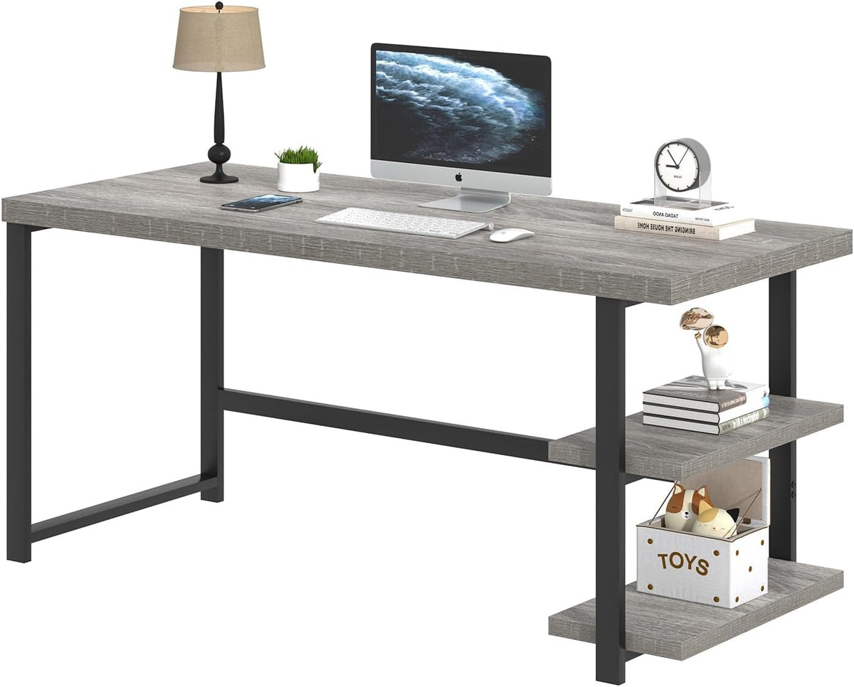 FOLUBAN 60 Inch Computer Desk, Modern Large Home Office Desk with Storage Shelves, Wood and Metal Writing Table Study Gaming Desk Workstation for Living Room, Industrial Light Grey
