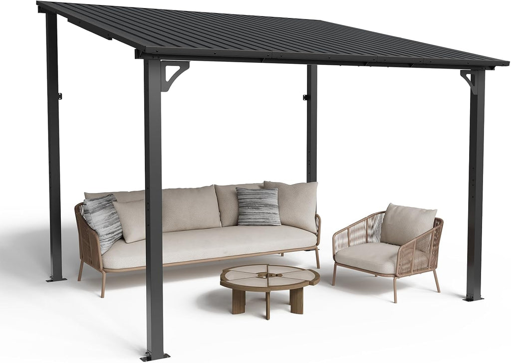 SUNSITT 8 * 10FT Outdoor Gazebo, Lean to Gazebo Pergola w/Drainage Holes, Wall-Mounted Gazebos with Galvanized Iron Hard Top Awnings for Yard, Dark Grey