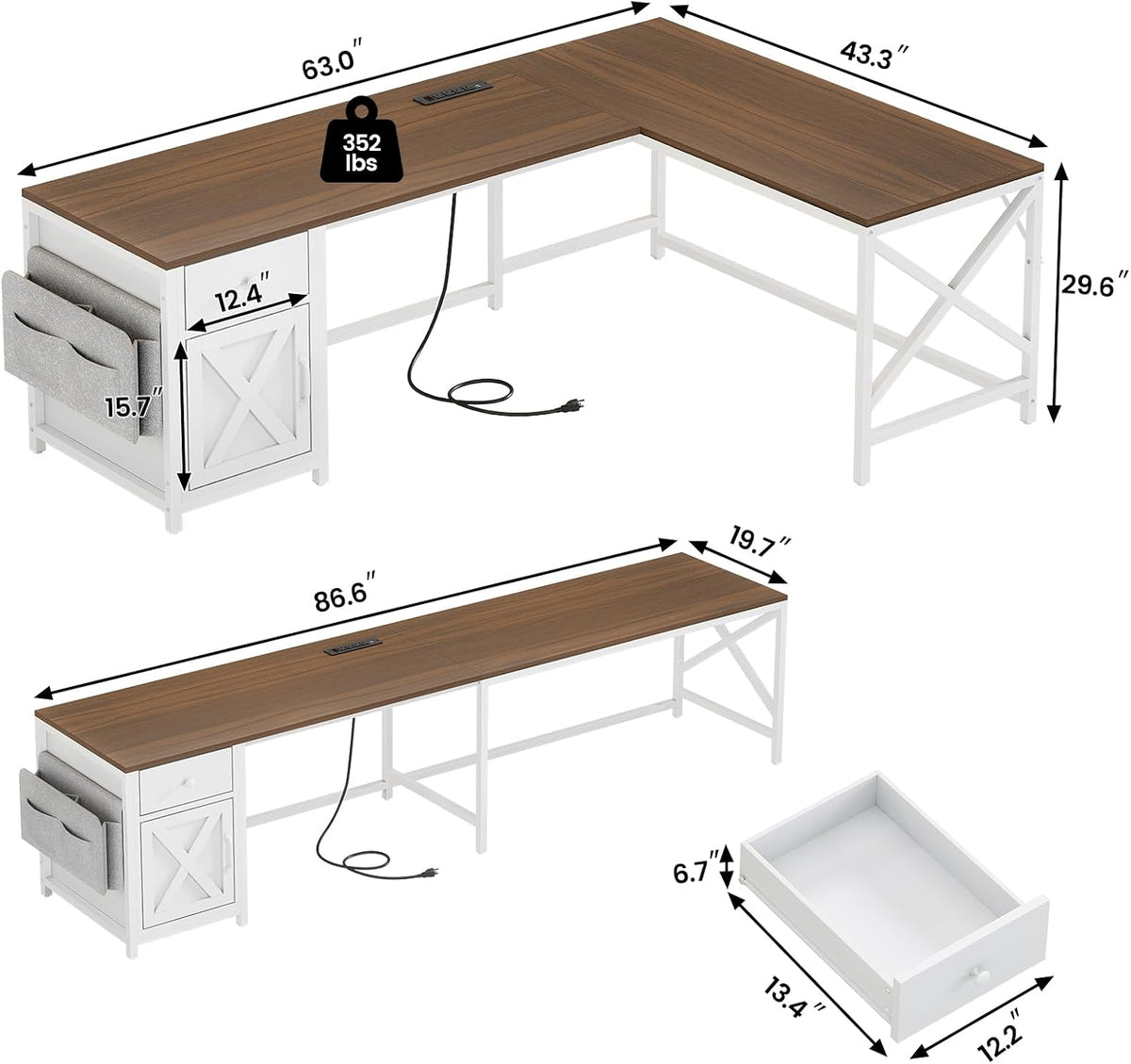 SEDETA 63' L Shaped Desk, Convertible Corner Office Desk with Drawer, Farmhouse Computer Desk with Power Strip & Storage Cabinet for Home Office, Brown & White