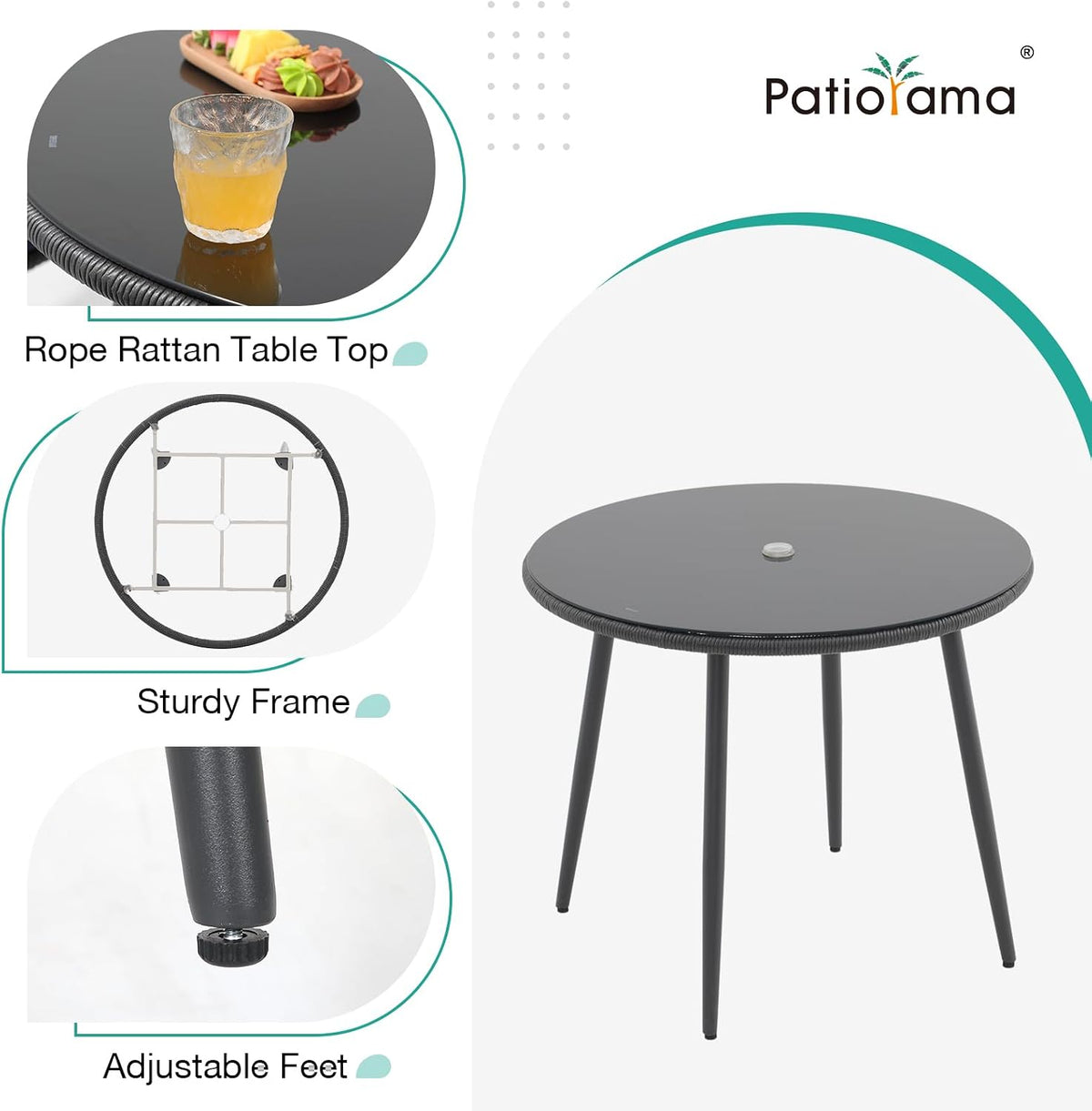 Patiorama 5-Piece Patio Dining Set,Outdoor Dining Table Chair Set,All-Weather Twisted Rattan Wicker Rope Conversation Set,Patio Furniture Set w/Umbrella Hole,4 Cushioned Chairs&Glass Table(Dark Black)
