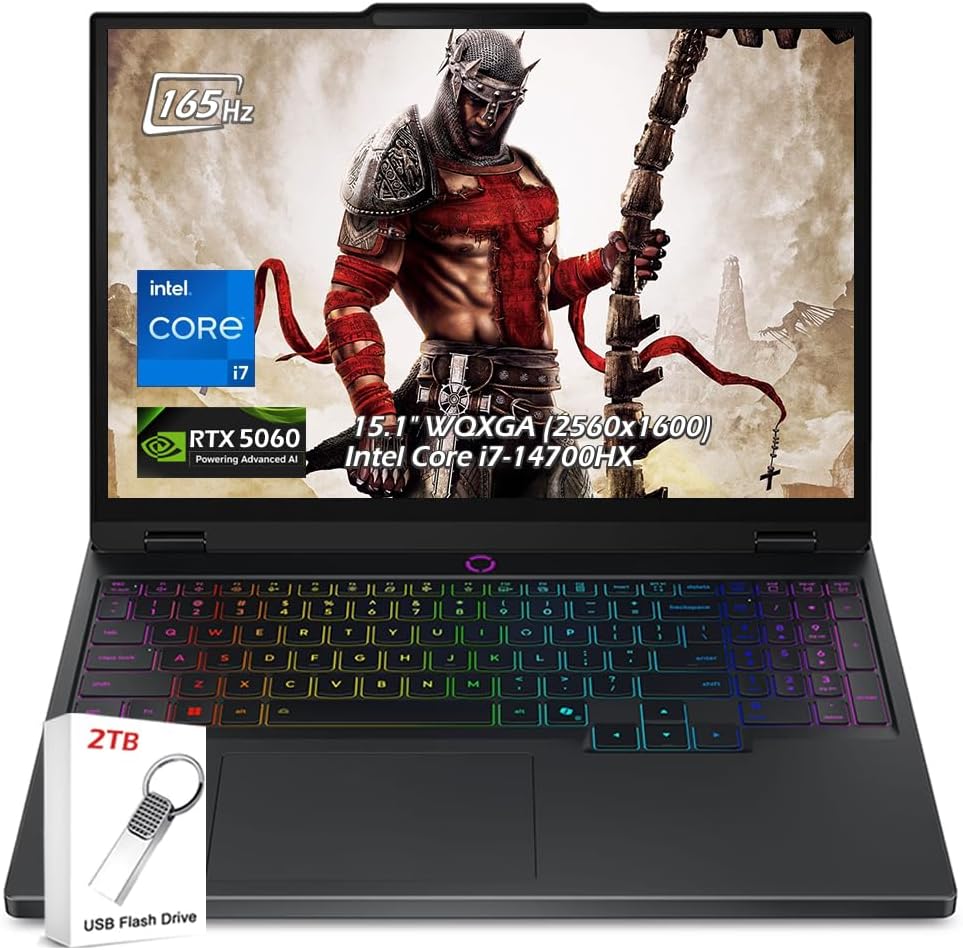 Lenovo Legion 5i Gaming Laptop, Intel i7-14700HX, 15.1' OLED 2.6K (2560 x 1600) IPS 165Hz, 500 nits, 16GB DDR5, 2TB SSD, RTX 5060, Backlit KB, Wi-Fi7, Win11, Eclipse Black, w/2TB USB Drive, W/GaLiMu