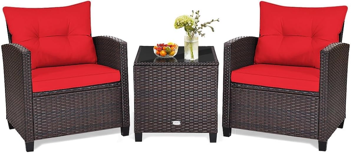 HAPPYGRILL 3 Pieces Patio Conversation Set, Outdoor Furniture Set PE Rattan Sofa Set with Removable Cushions, PE Wicker Chairs with Tempered Glass Side Table for Porch Lawn Garden Balcony Backyard