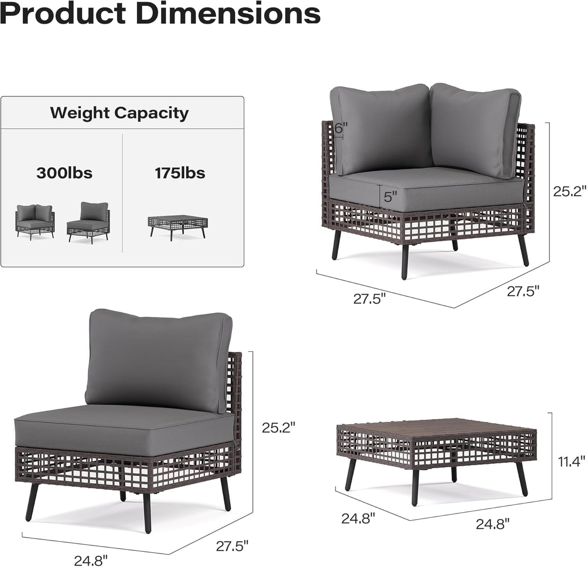 LAUSAINT HOME 5 Pieces Outdoor Sectional Sofa Set, All-Weather PE Wicker Rattan Patio Conversation Set with Thick Cushions & Coffee Table, Patio Furniture Set for Garden, Backyard, Porch (Grey)