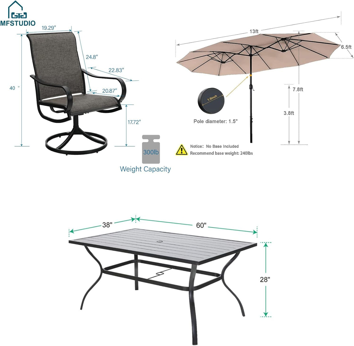 MFSTUDIO Patio Dining Set for 6, Outdoor Furniture Set with Beige Umbrella (Base not Included), Rectangle Metal Table and 6 Swivel Chairs for Patio, Deck, Backyard, Garden