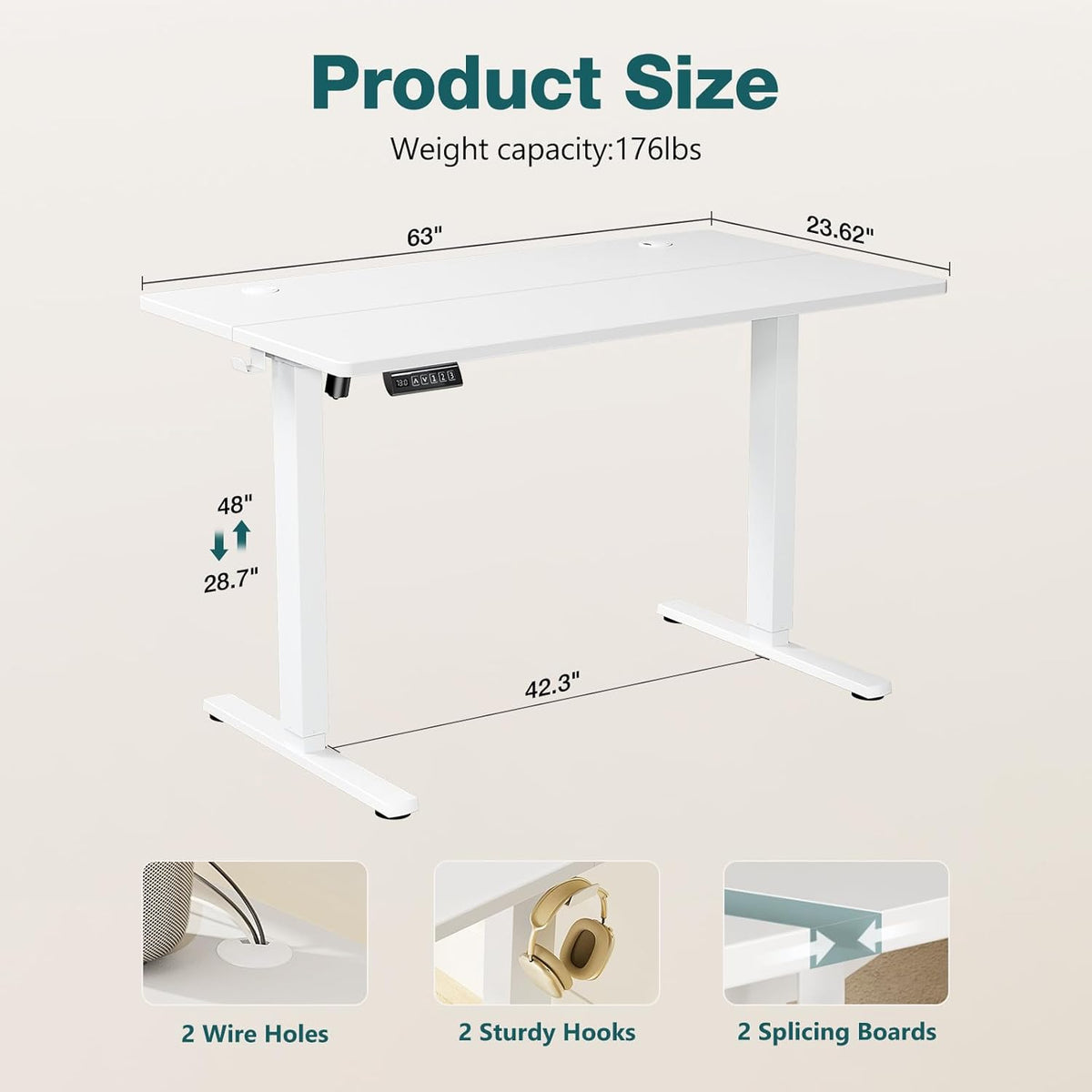 Sweetcrispy Electric Standing Desk Adjustable Height, 63x24 Inch Sit Stand Up Home Office Desks Memory Computer Workstation PC Work Table with Preset Splice Wood Board Metal Frame, White