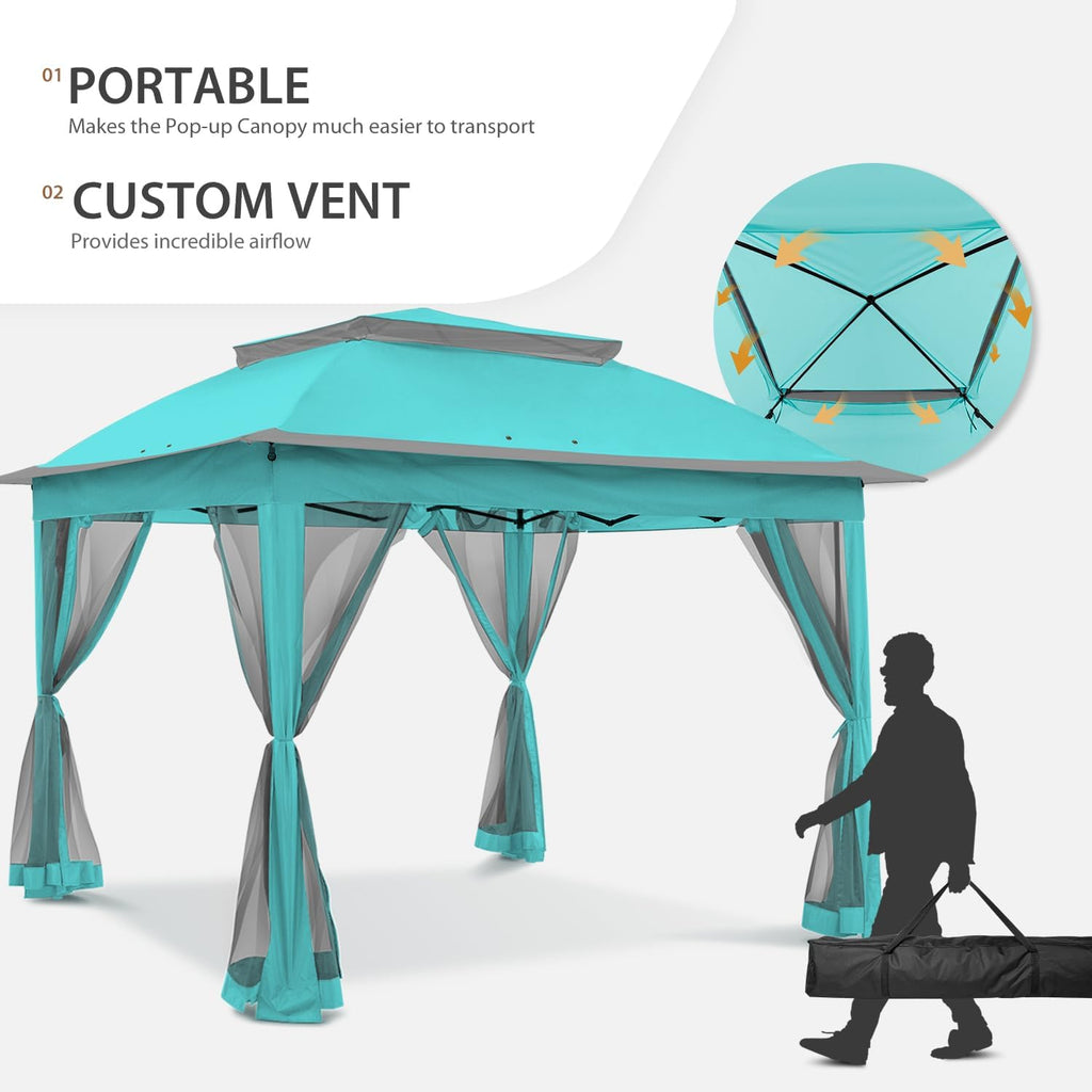 COOS BAY 11x11 Pop Up Gazebo with Mesh Netting, Instant Outdoor Canopy Tent, Water Resistant Shelter with UPF 50+ UV Protection, 121 Sq Ft Coverage, Aqua Blue