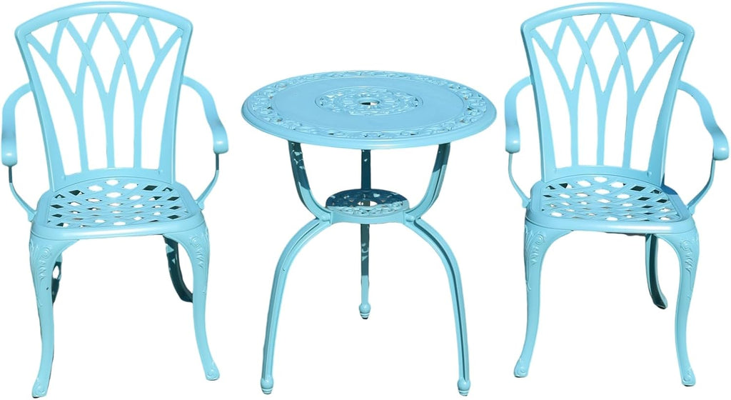 KAILI 3 Piece Bistro Table Set Cast Aluminum Outdoor Patio Furniture with Chair with armrests (Light Blue)