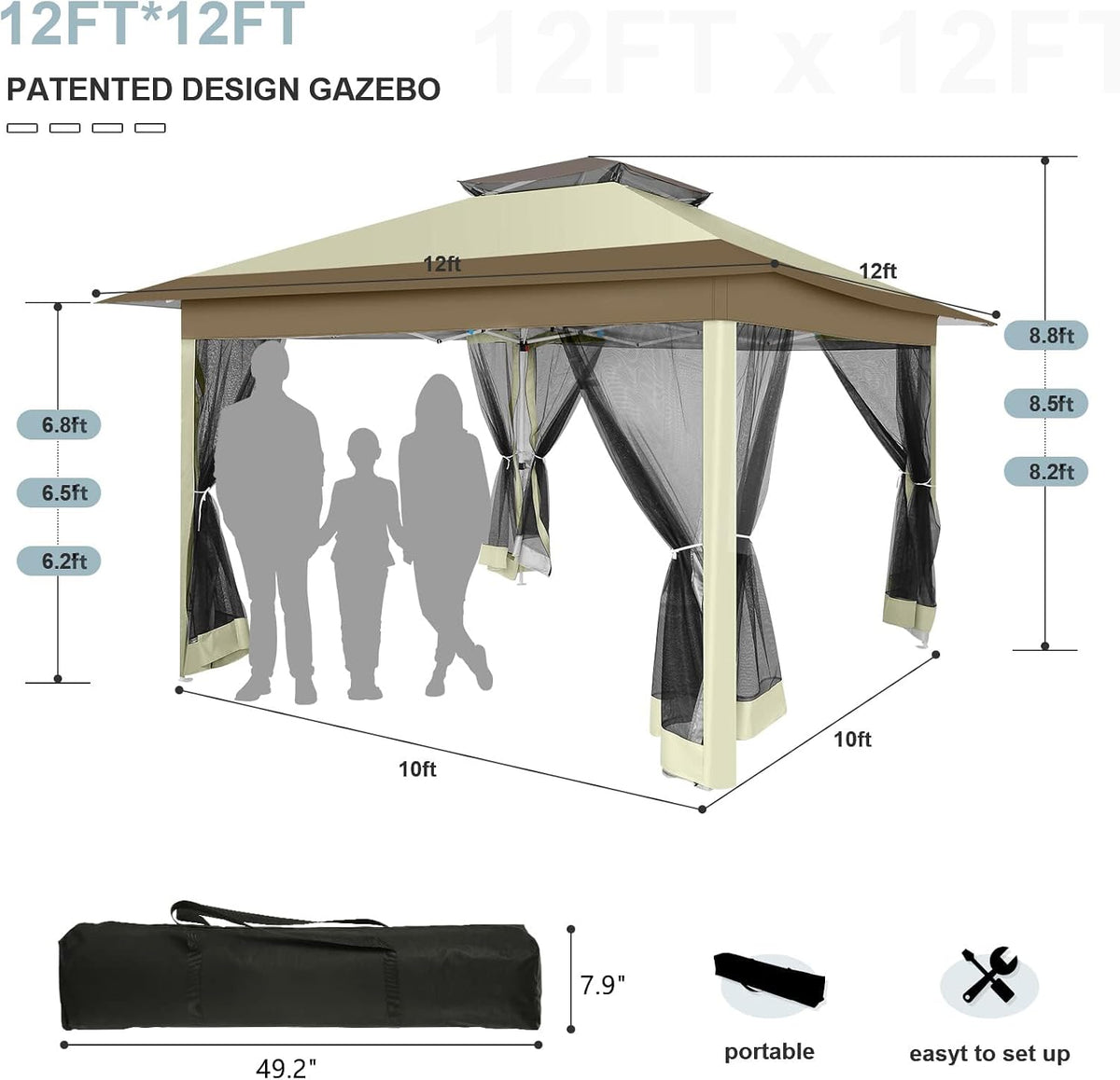 COBIZI 12x12 FT Pop up Gazebo on Clearance Canopy Tent, Carpas para Patio, Easy up Outdoor Canopy Tents with Portable Storage Bag for Backyard, Outdoor Waterproof Gazebos for Garden, Camping, Khaki