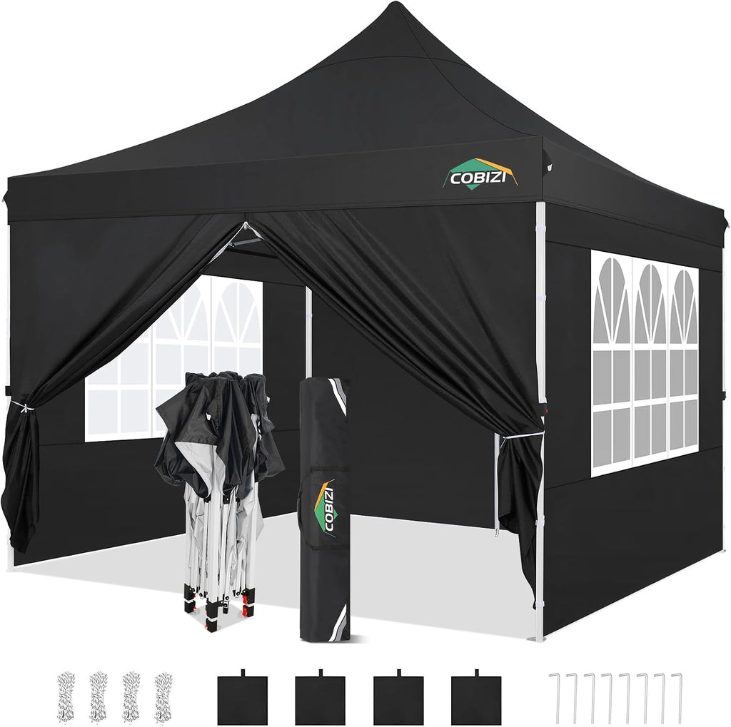COBIZI 10x10 Pop Up Canopy with 4 Sidewalls, Canopy Tent 10x10 for Parties, Backyard, Commercial, Waterproof and Portable Instant Shelter UV50+ Outdoor Gazebo with 4 Sandbags(Black)