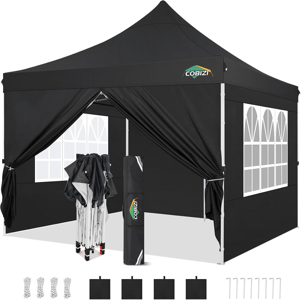 COBIZI 10x10 Pop Up Canopy with 4 Sidewalls, Canopy Tent 10x10 for Parties, Backyard, Commercial, Waterproof and Portable Instant Shelter UV50+ Outdoor Gazebo with 4 Sandbags(Black)