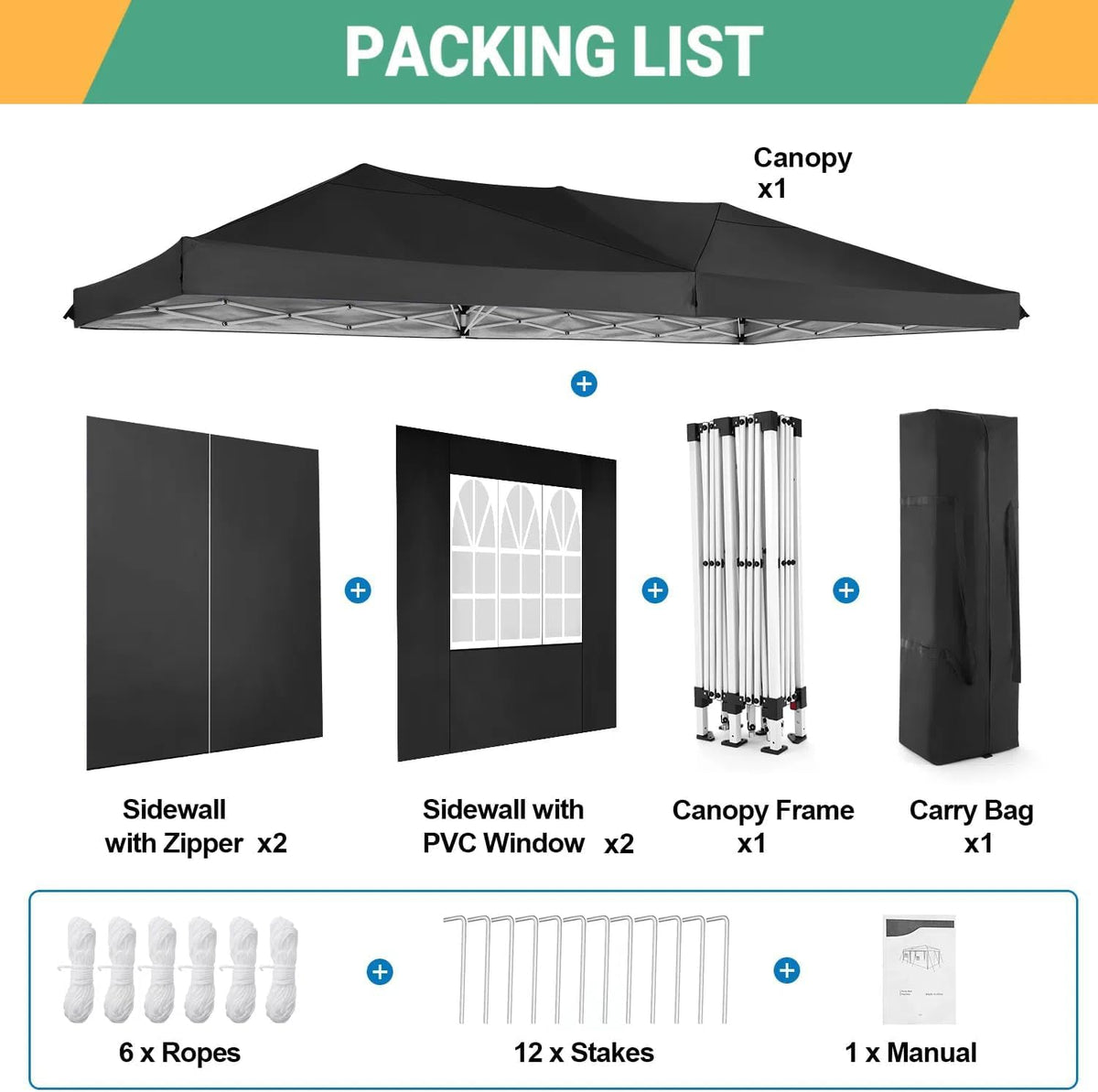 COBIZI Canopy 10x20 Pop Up Canopy Tent with 6 Sidewalls Outdoor Party Tent 10x20 Waterproof Commercial Instant Shelter UPF 50+ Portable Gazebo Wedding Tents for Parties Car Port Vender Events(Black