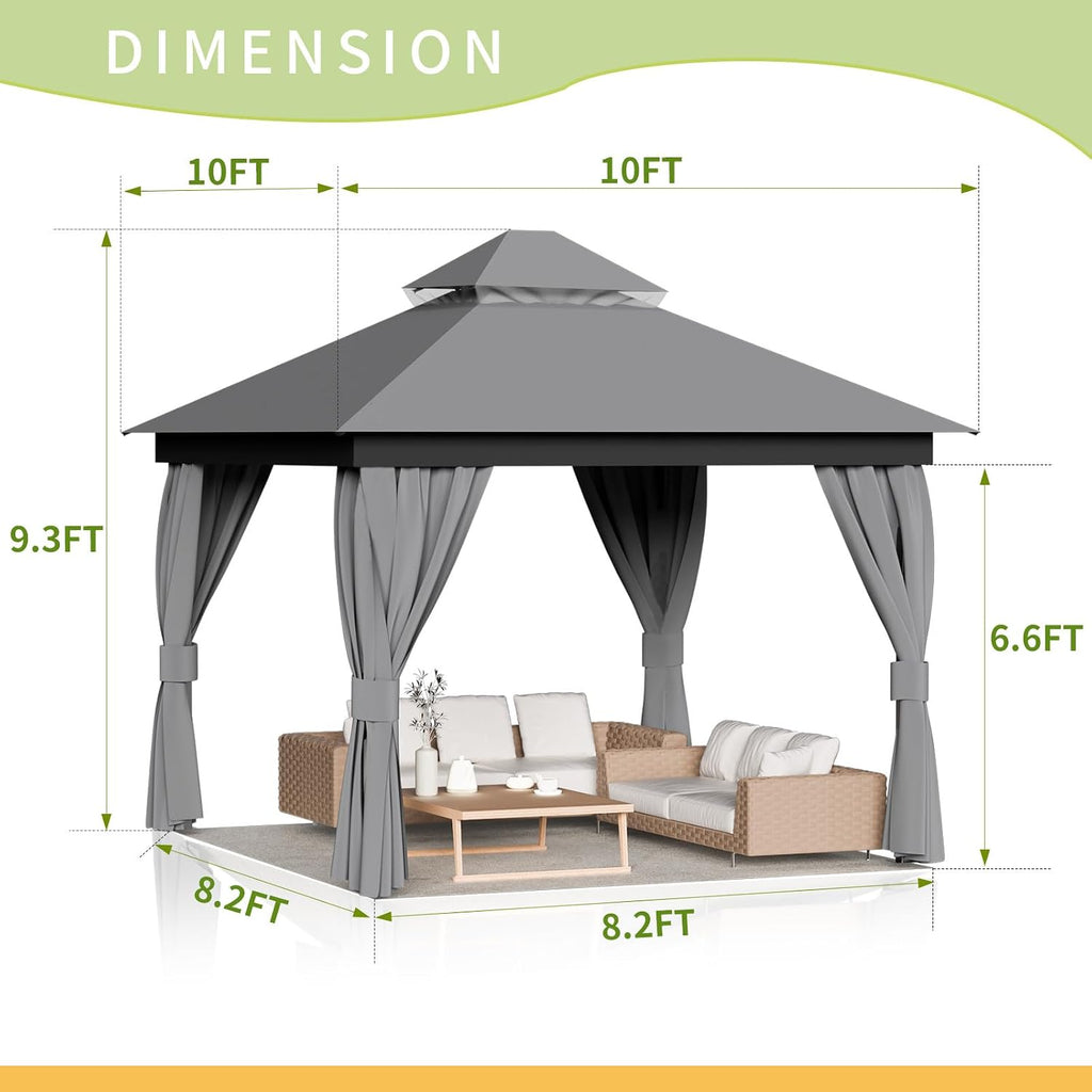 10'x10' Outdoor Patio Gazebo - Heavy Duty Party Tent & Shelter with Double Roofs, Outdoor Steel Frame Gazebo with Mosquito Net and Privacy Curtains for Backyard Garden Deck Lawns (Gray, 10x10)