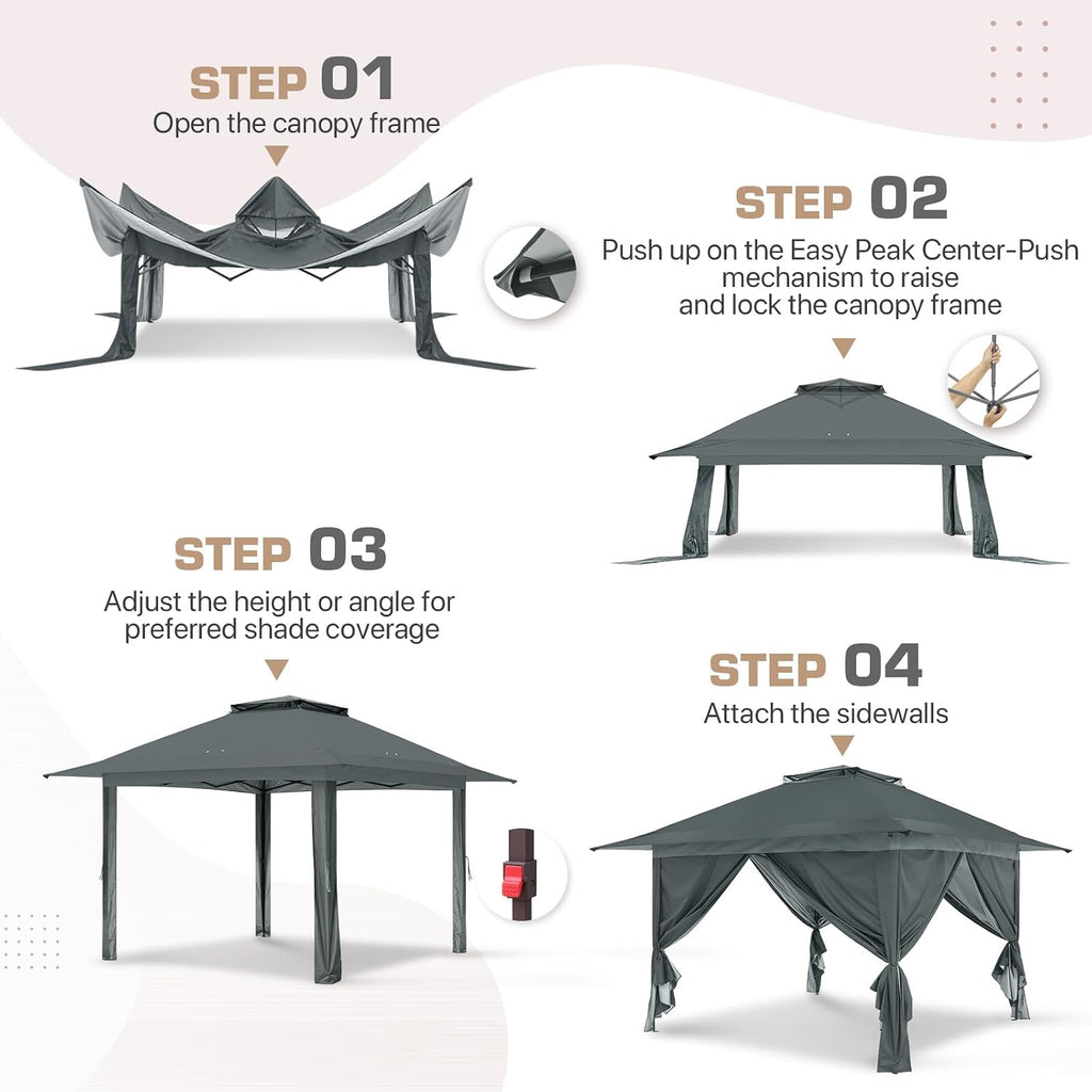 EAGLE PEAK 13x13 Pop Up Gazebo with 4 Wall Panels, Easy Up Canopy for Patio and Backyard, Easy Set up Outdoor Gazebo (Gray)