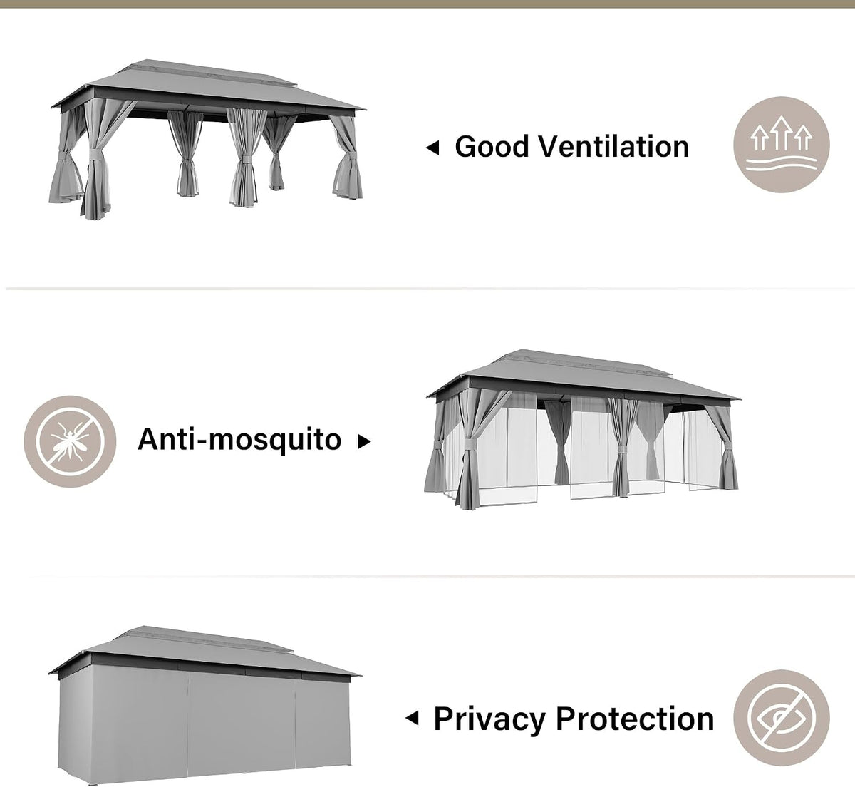 LAUSAINT HOME 10'x20' Outdoor Gazebo, Metal Frame Heavy Duty Patio Canopy Tent Shelter with Double Roofs, Mosquito Nettings and Privacy Screens for Backyard, Garden, Lawn, Gray
