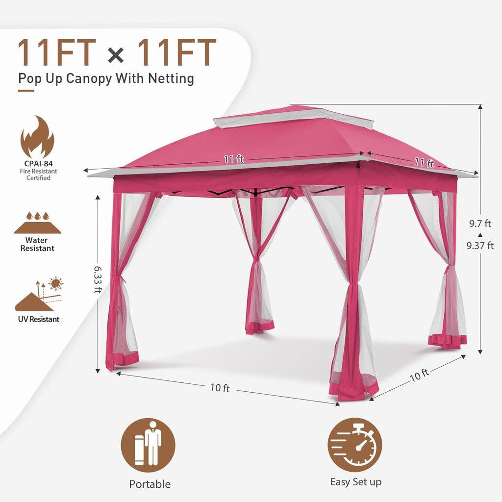 COOS BAY 11x11 Pop Up Gazebo with Mesh Netting, Instant Outdoor Canopy Tent, Water Resistant Shelter with UPF 50+ UV Protection, 121 Sq Ft Coverage, Dark Pink