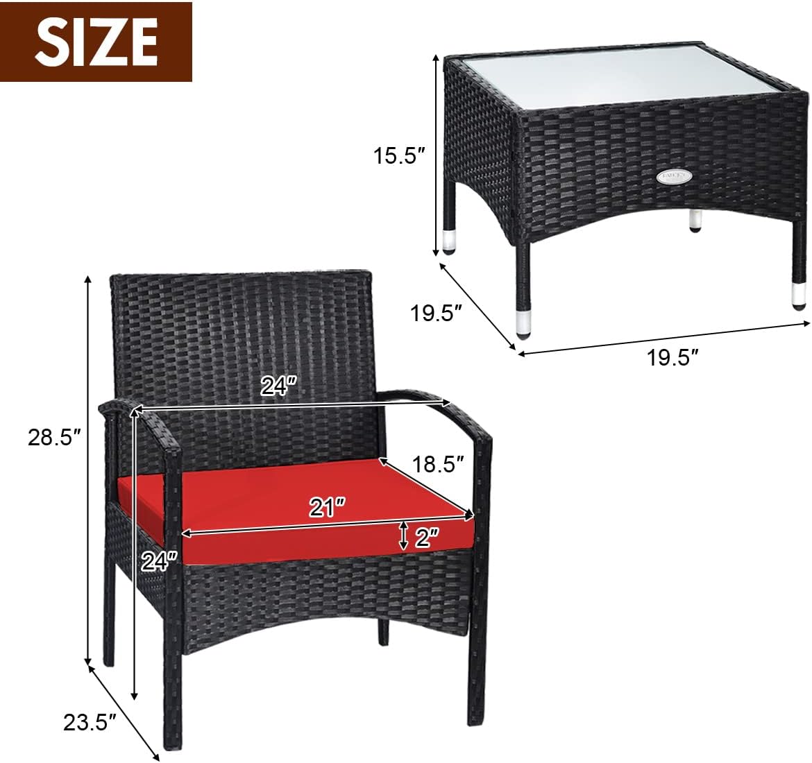 Tangkula 3 Pieces Patio Wicker Rattan Furniture Set, Rattan Chair with Coffee Table, High Load Bearing Chair Conversation Sets for Patio Garden Lawn Backyard Pool