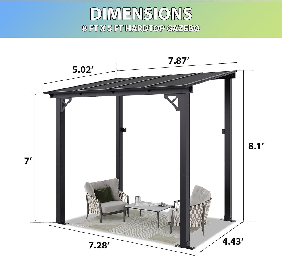 Aoxun 8'x 5' Premium Gazebo with Aluminum Top Frame & Polycarbonate Panel, Wall Mounted Gazebos Pergola, Outdoor Patio Lean to Gazebo, Awnings with Sloped Roof, for Backyard, Porch, Deck