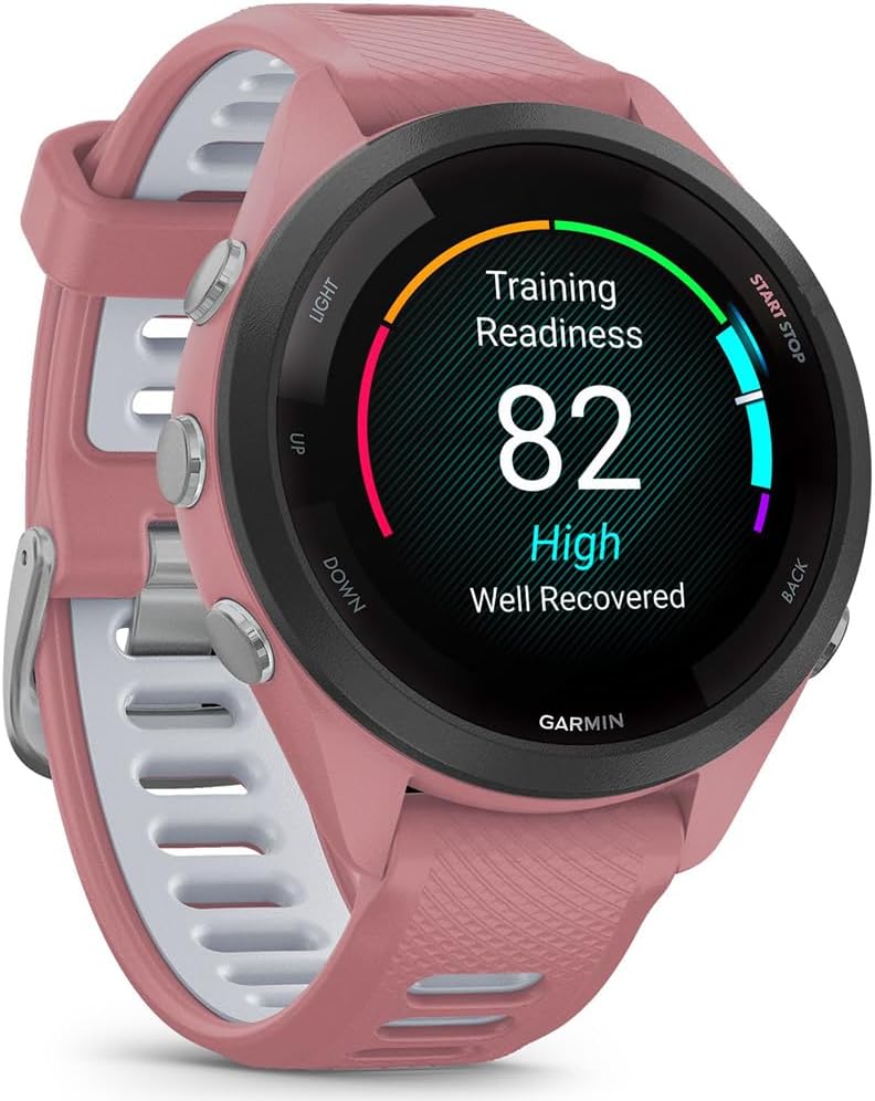 Garmin 010-02810-05 Forerunner 265S GPS Smartwatch Light Pink/Whitestone Bundle with Deco Essentials Charging Dock, Silicone Dust Cover 3 Pack and USB Type C Charging Cable