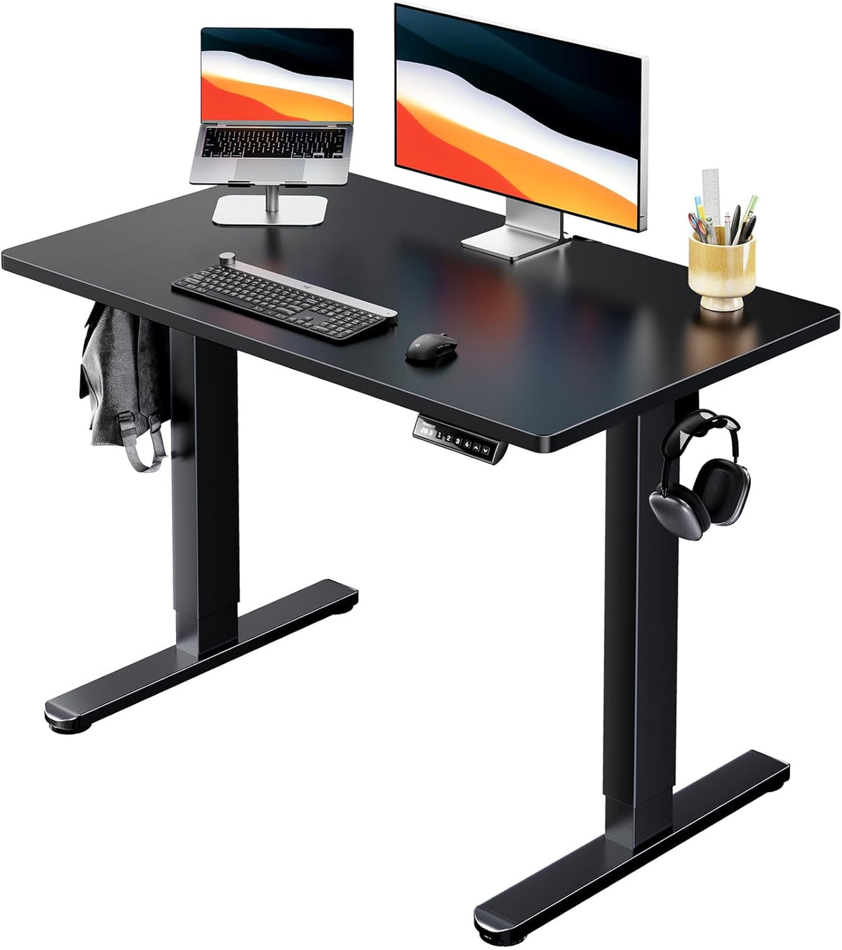 HUANUO Electric Standing Desk, Whole Piece Desktop, Adjustable Height Computer Desk, 4 Height Memory Settings, Sit Stand Up Desk for Home Office, 40' x 24', Black