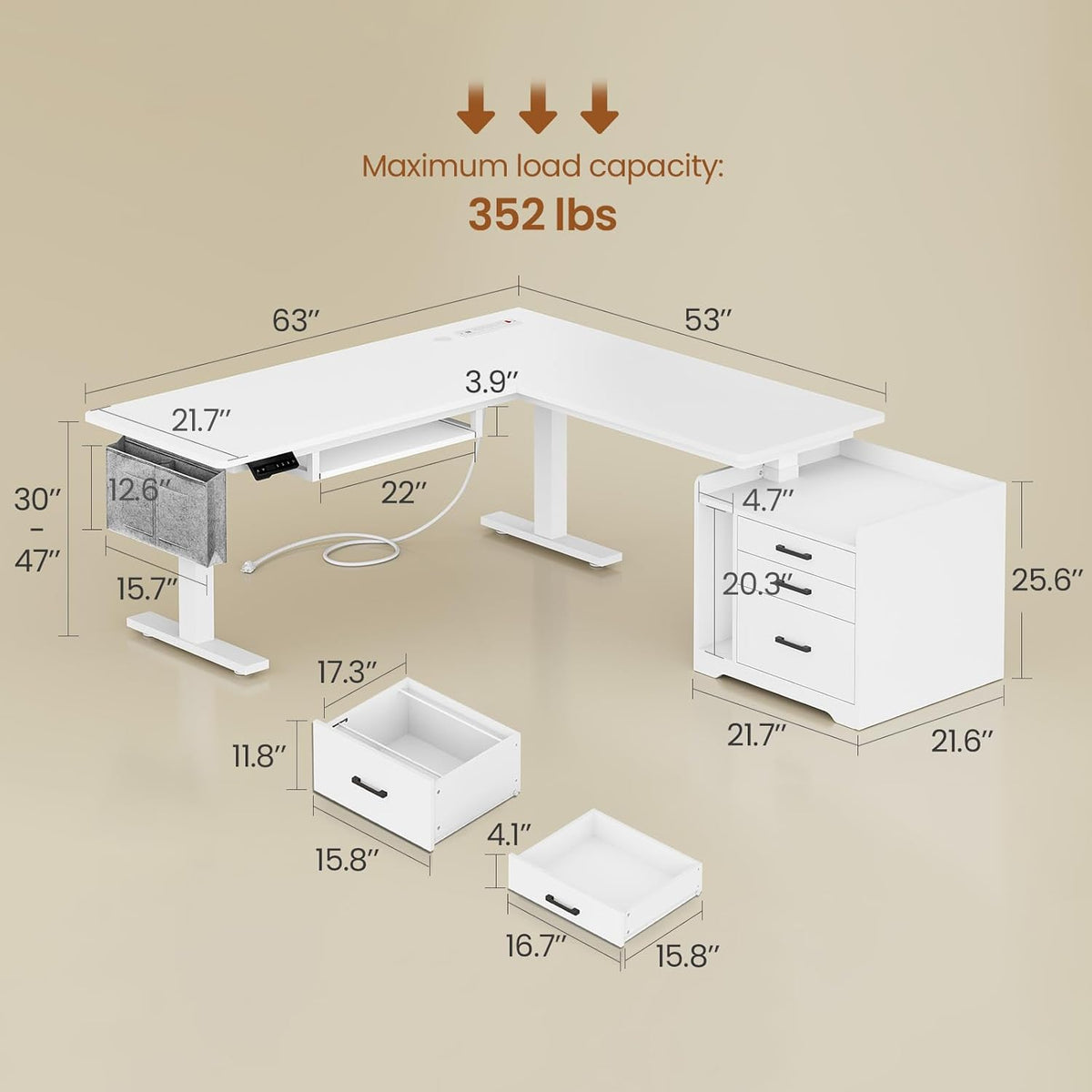 SEDETA L Shaped Electric Standing Desk with File Cabinet, 63 x 53'' Height Adjustable Home Office Computer Desk with Drawers, Power Outlet, Stand up Gaming Table with Led Lights, Keyboard Tray, White