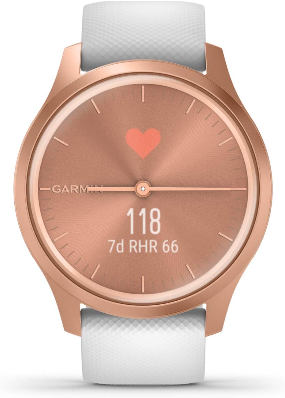 Garmin vivomove Style, Hybrid Smartwatch with Real Watch Hands and Hidden Color Touchscreen Displays, Rose Gold with White Silicone Band